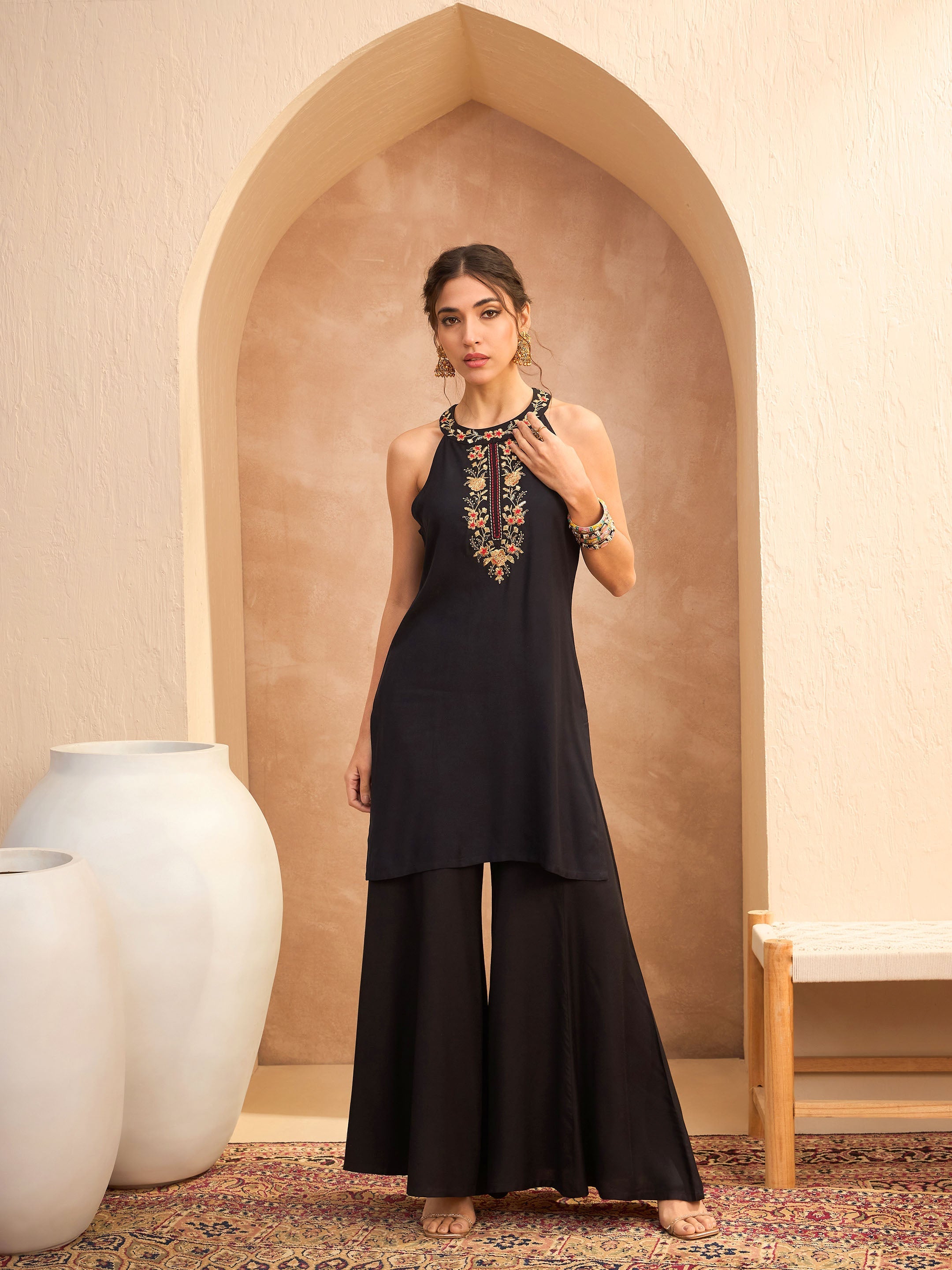 Women's Black Embroidered Halter Kurta With Palazzo Pants-SHAE