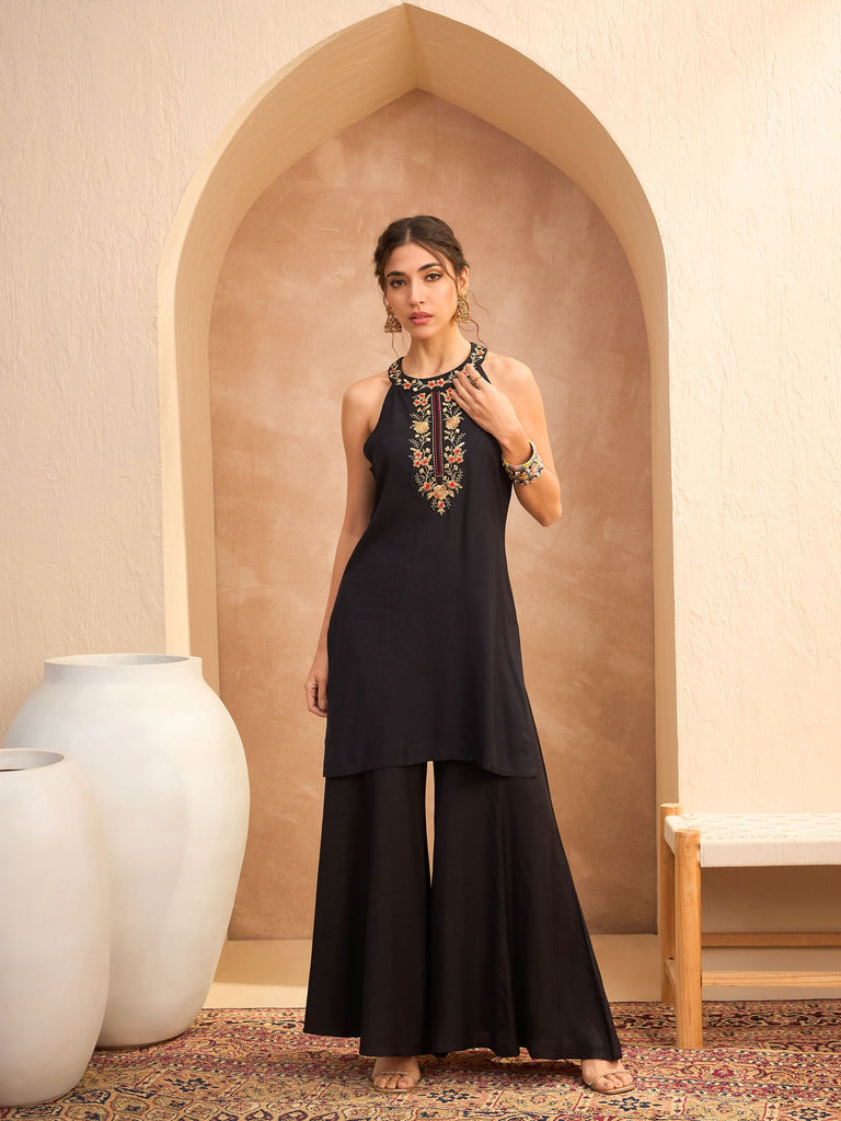Women's Black Embroidered Halter Kurta With Palazzo Pan