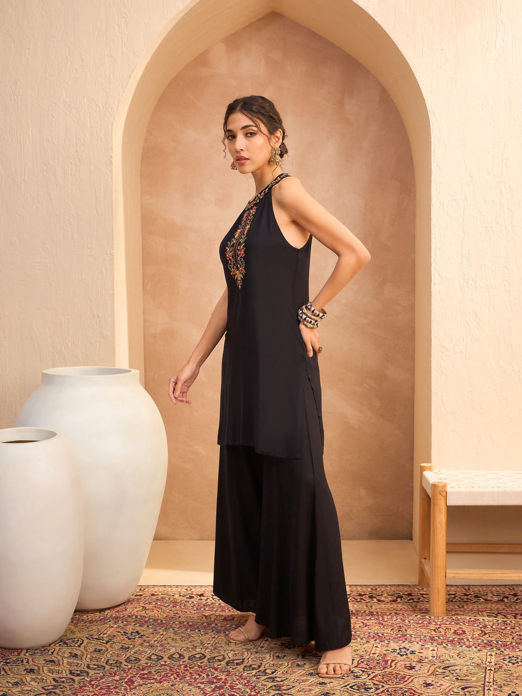 Women's Black Embroidered Halter Kurta With Palazzo Pants-SHAE