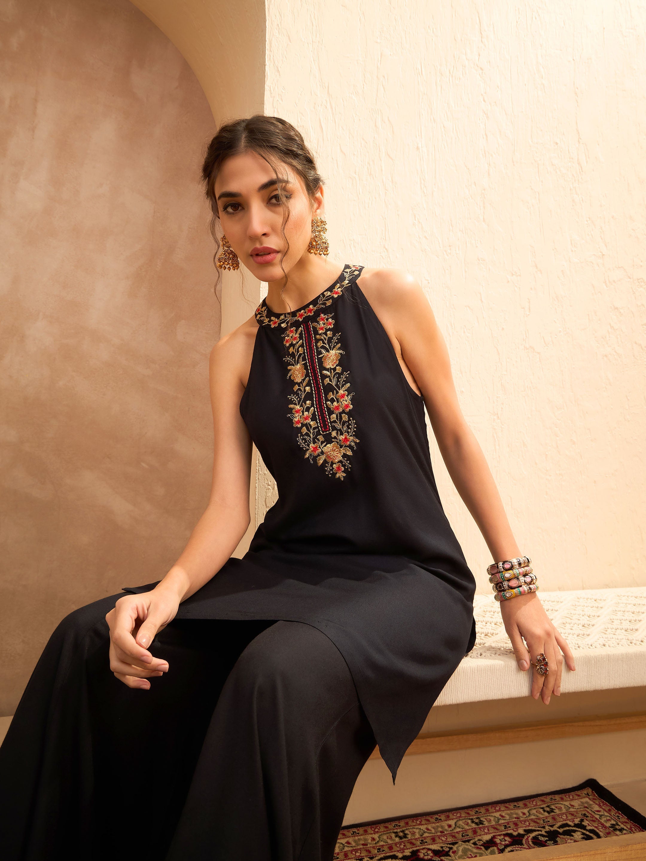 Women's Black Embroidered Halter Kurta With Palazzo Pants-SHAE