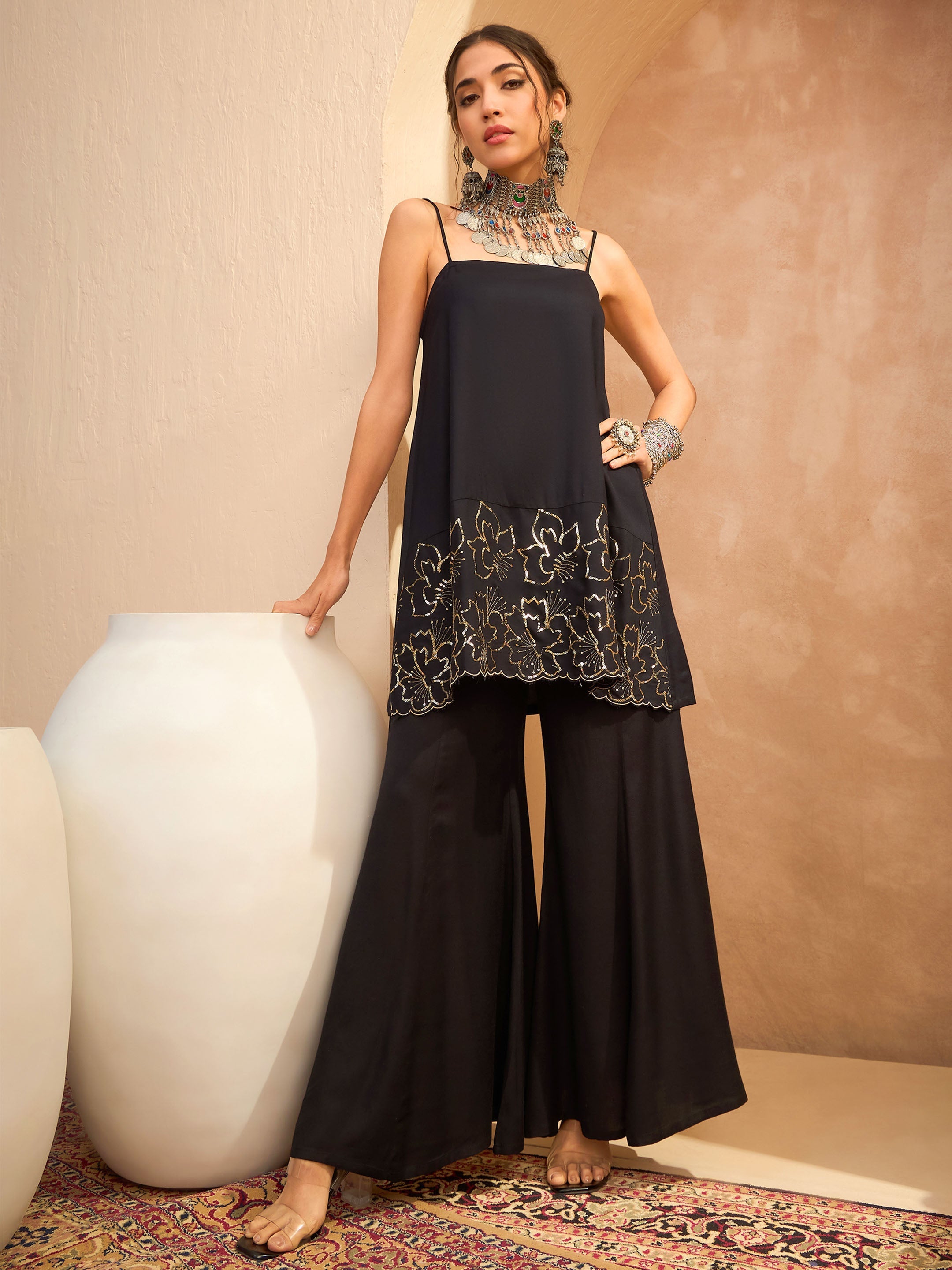 Women's Black Embroidered Strappy Kurta With Palazzos-SHAE