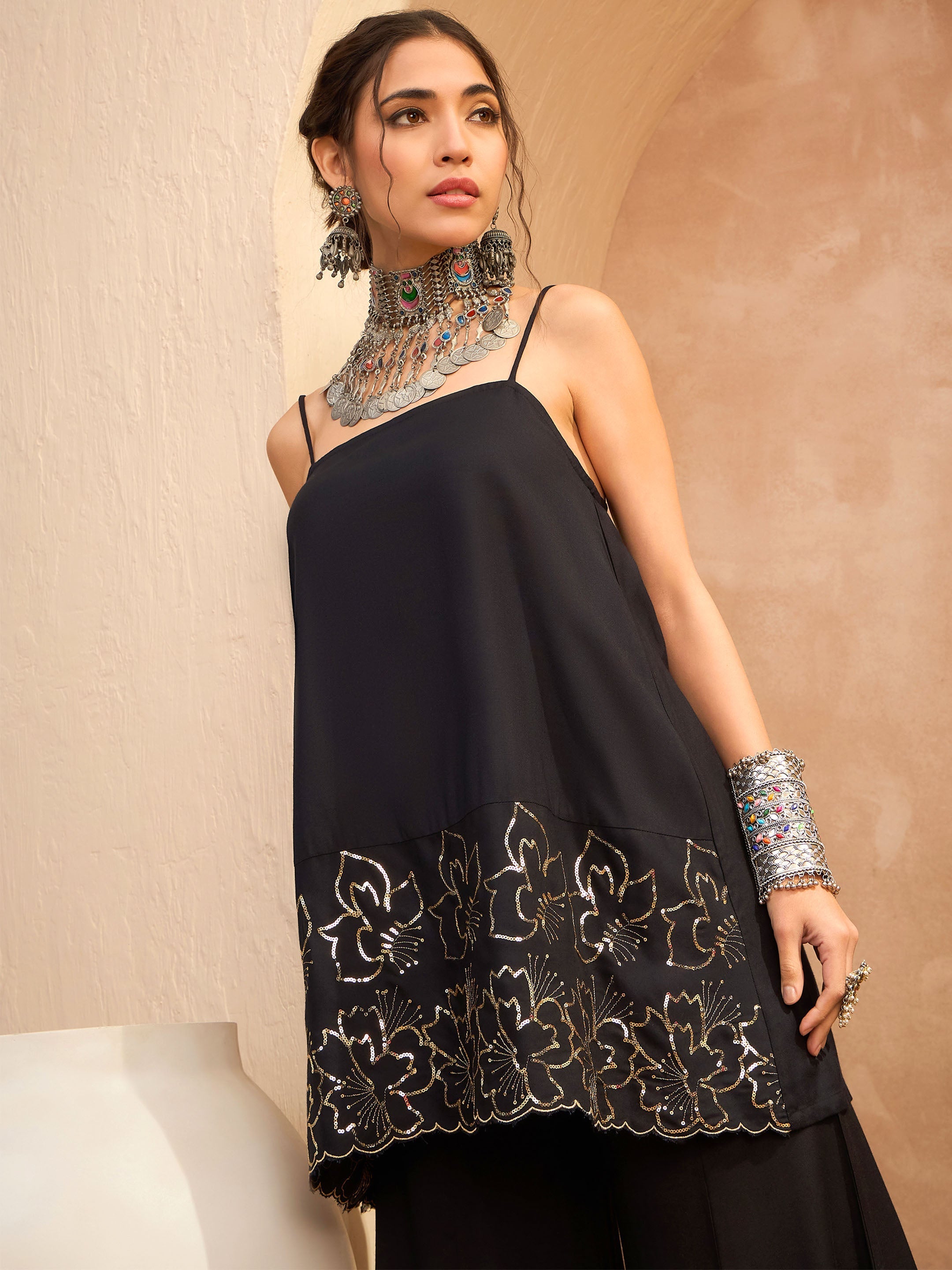 Women's Black Embroidered Strappy Kurta With Palazzos-SHAE