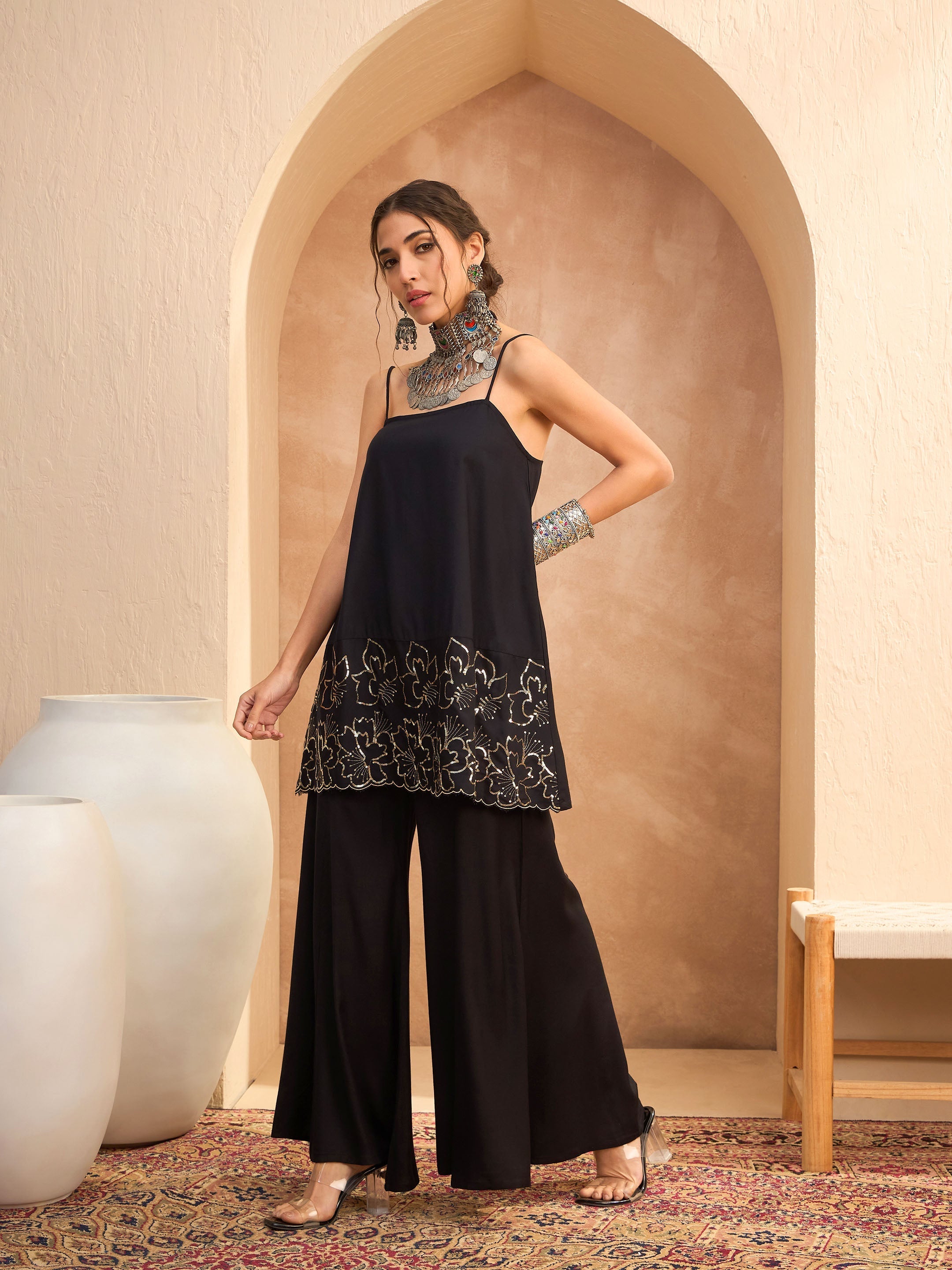 Women's Black Embroidered Strappy Kurta With Palazzos-SHAE