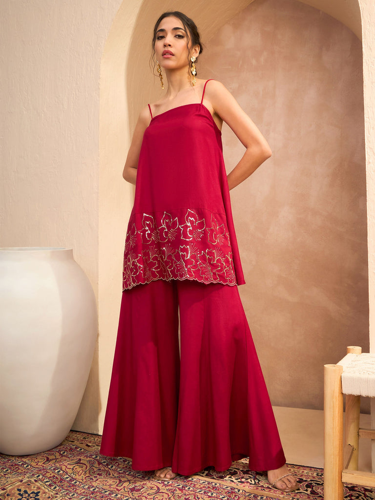 Women's Maroon Embroidered Strappy Kurta With Palazz