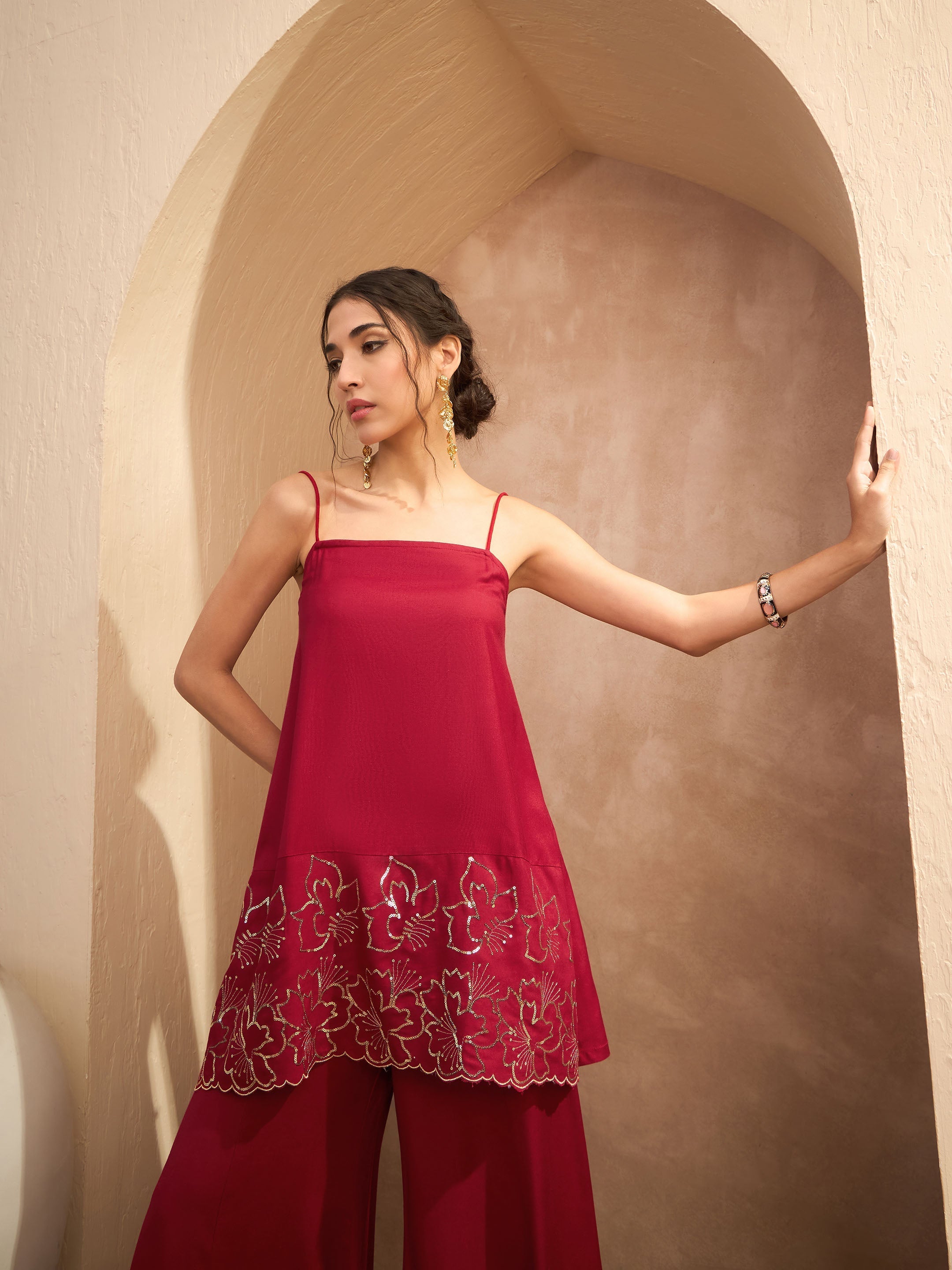 Women's Maroon Embroidered Strappy Kurta With Palazzos-SHAE