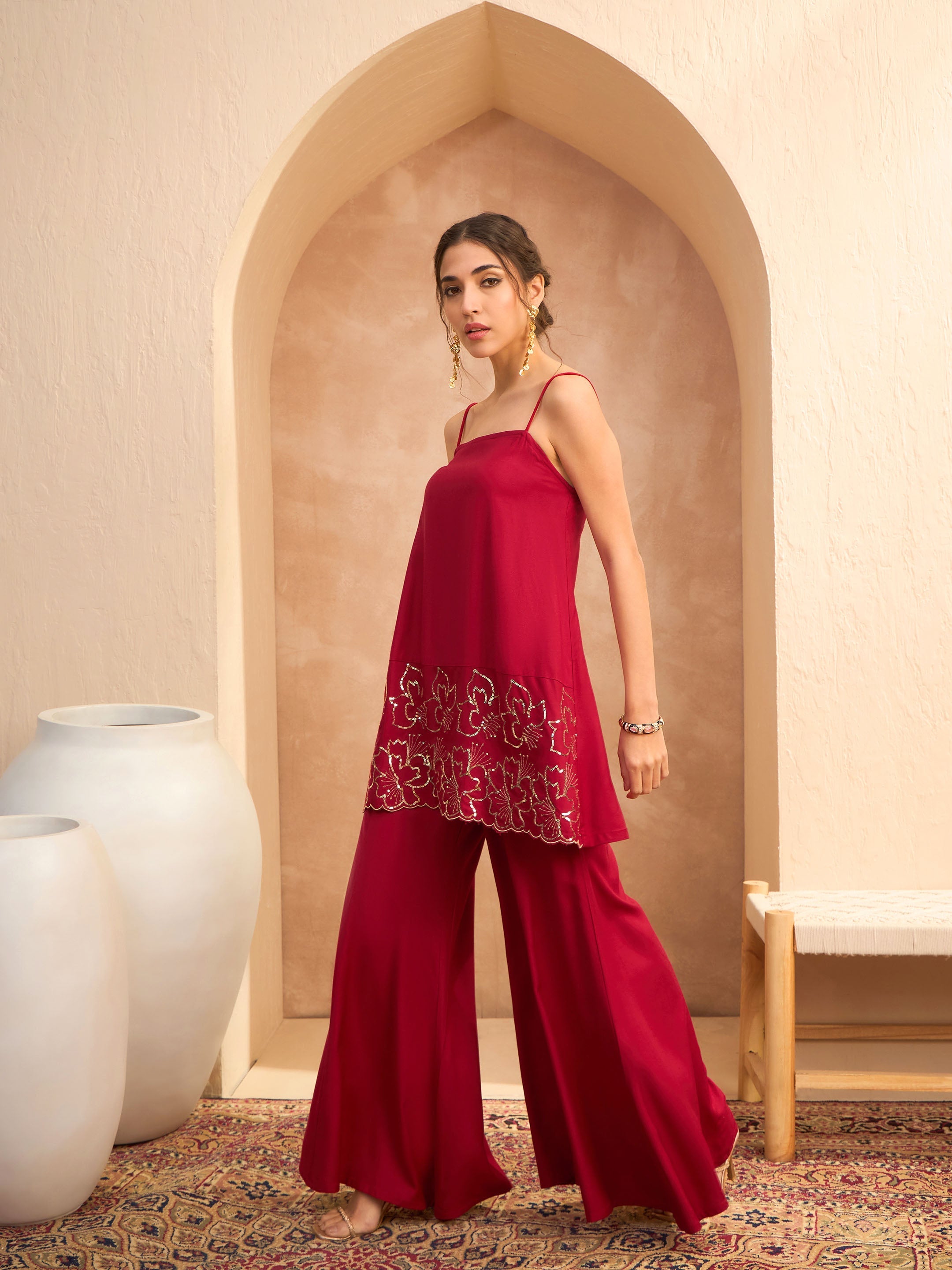 Women's Maroon Embroidered Strappy Kurta With Palazzos-SHAE