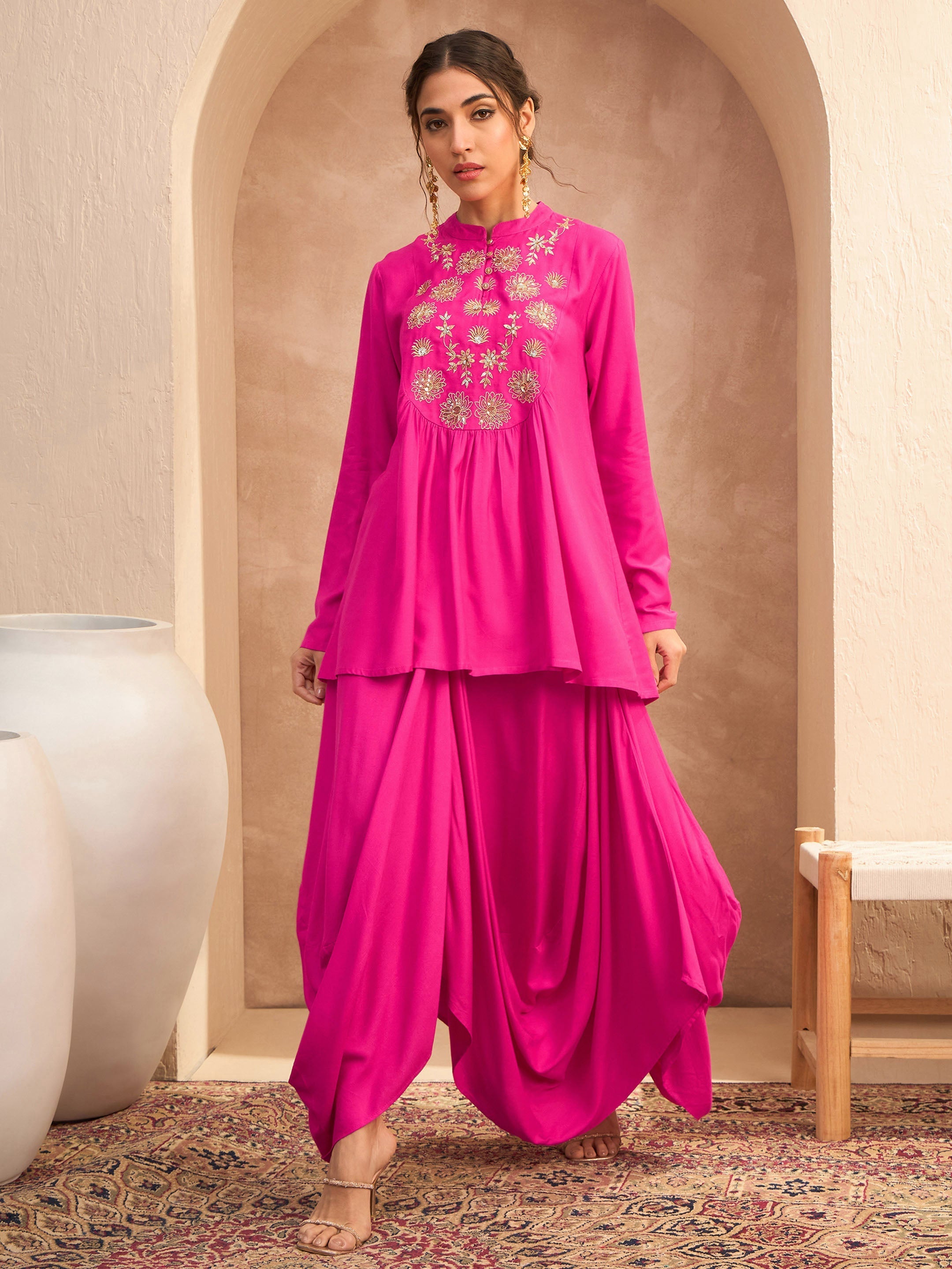 Women's Fuchsia Embroidered Peplum Top With Dhoti Skirt-SHAE