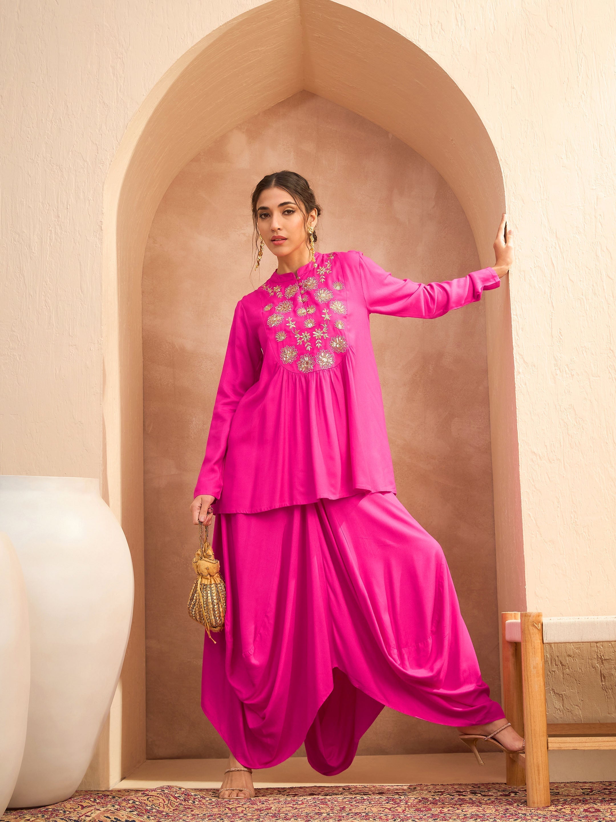 Women's Fuchsia Embroidered Peplum Top With Dhoti Skirt-SHAE