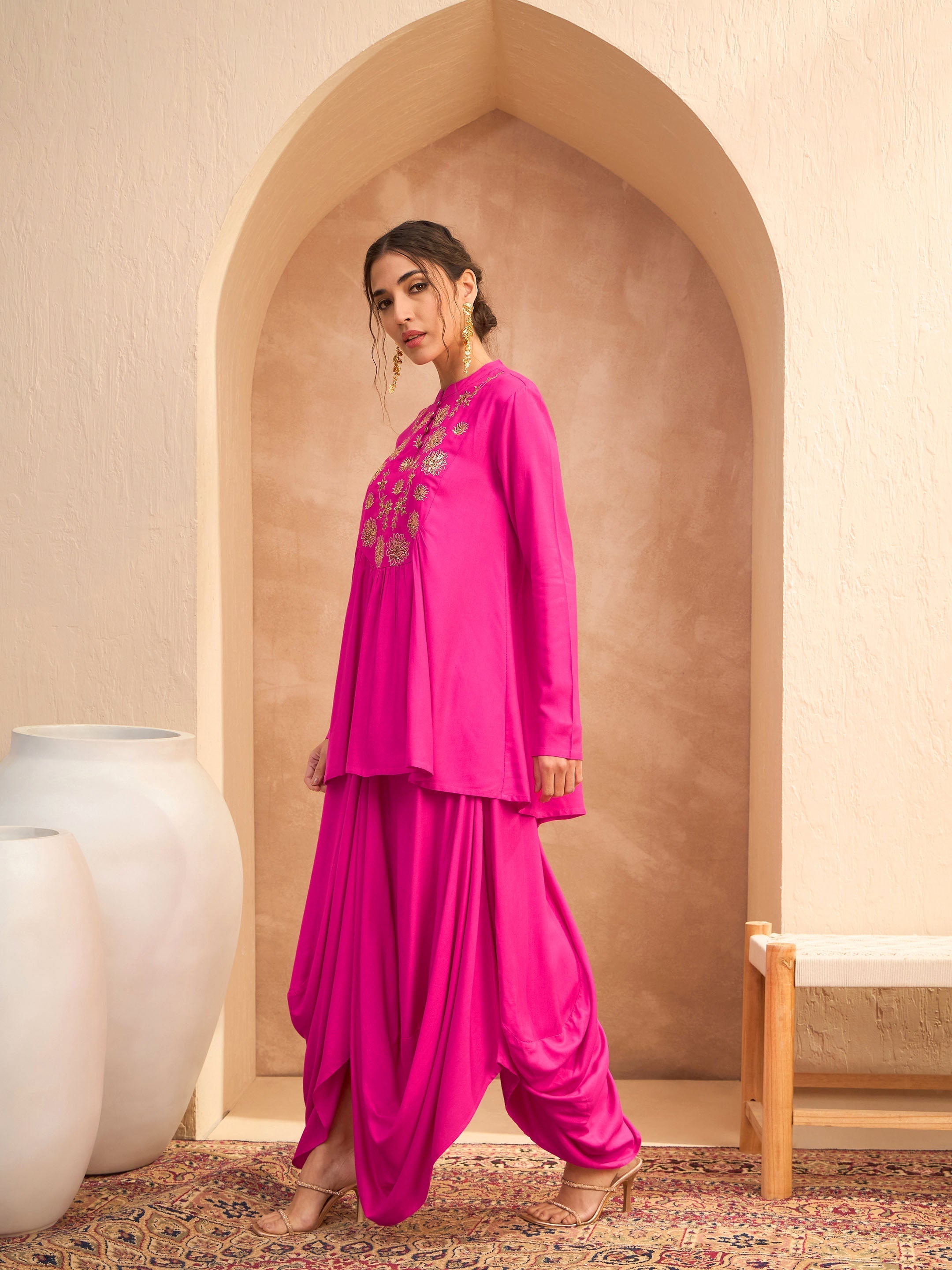 Women's Fuchsia Embroidered Peplum Top With Dhoti Skirt-SHAE