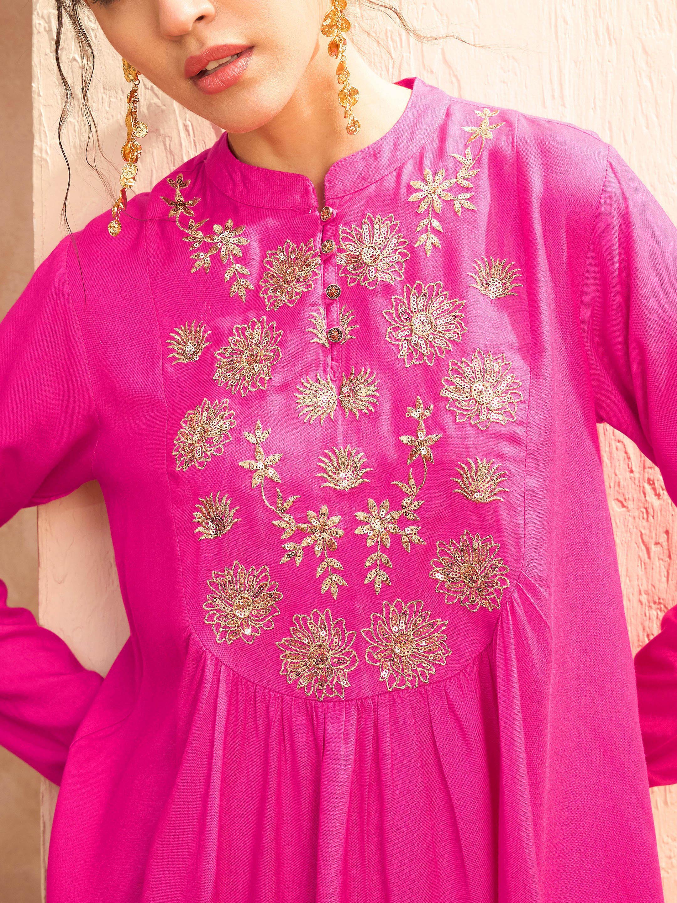 Women's Fuchsia Embroidered Peplum Top With Dhoti Skirt-SHAE