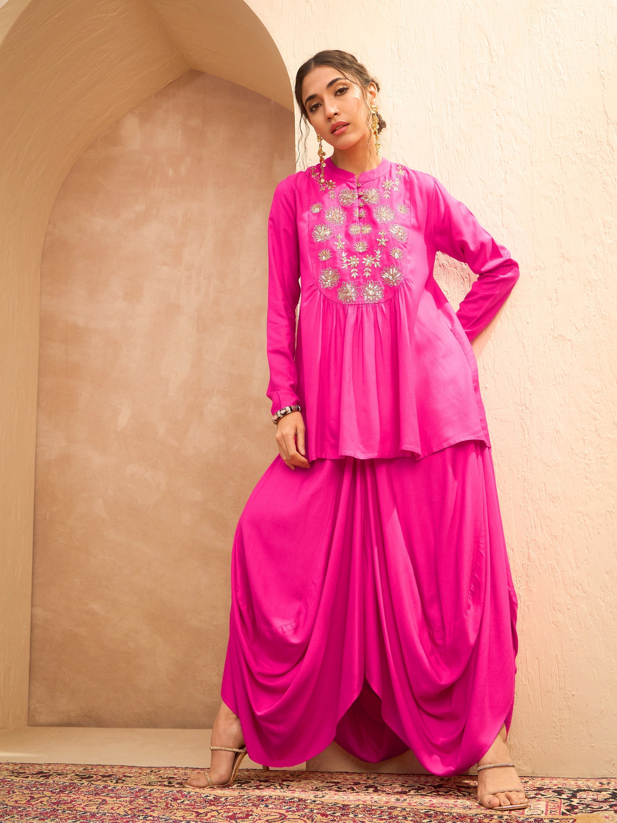 Women's Fuchsia Embroidered Peplum Top With Dhoti Skirt-SHAE