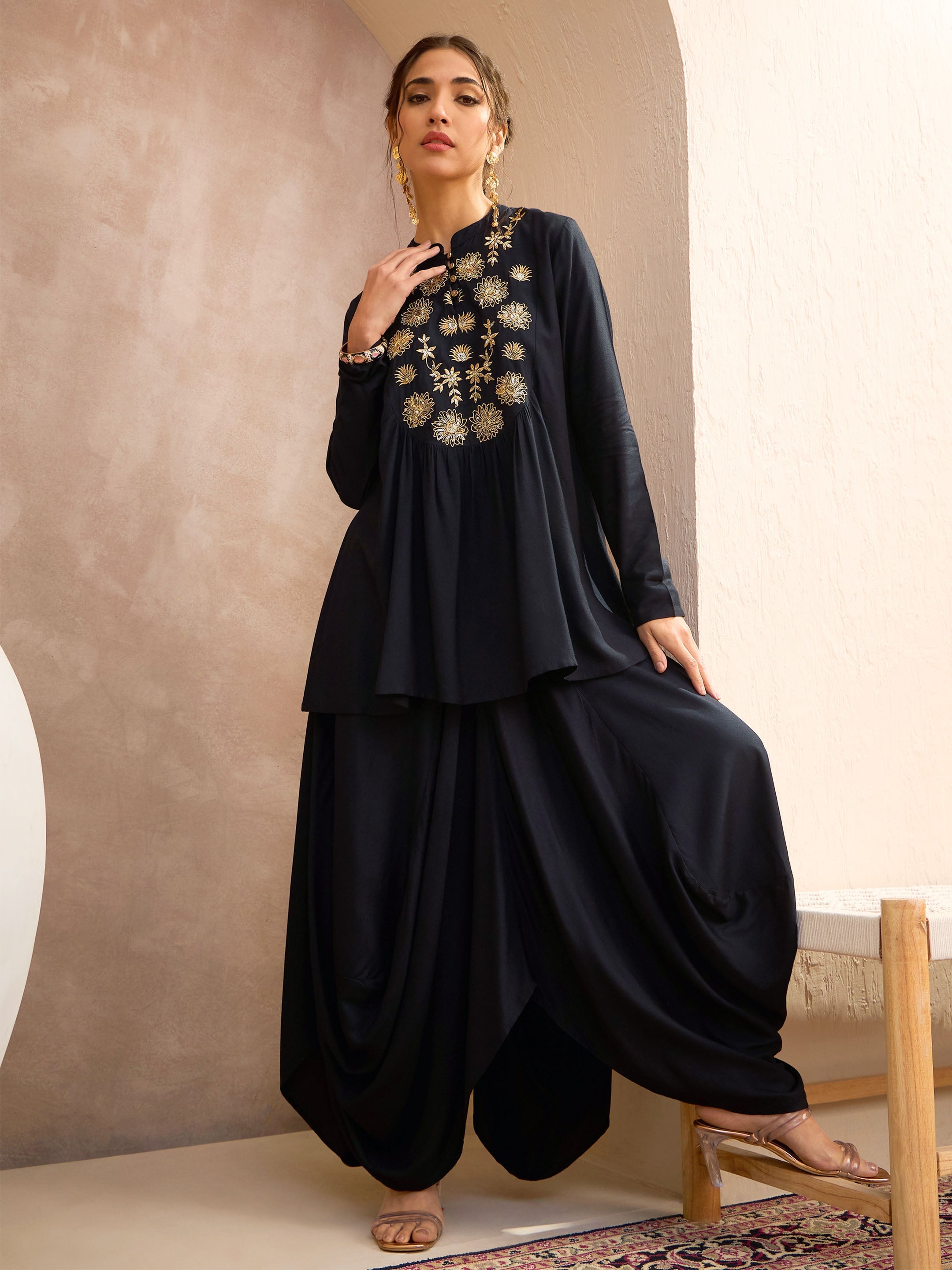 Women's Black Embroidered Peplum Top With Dhoti Skirt-SHAE