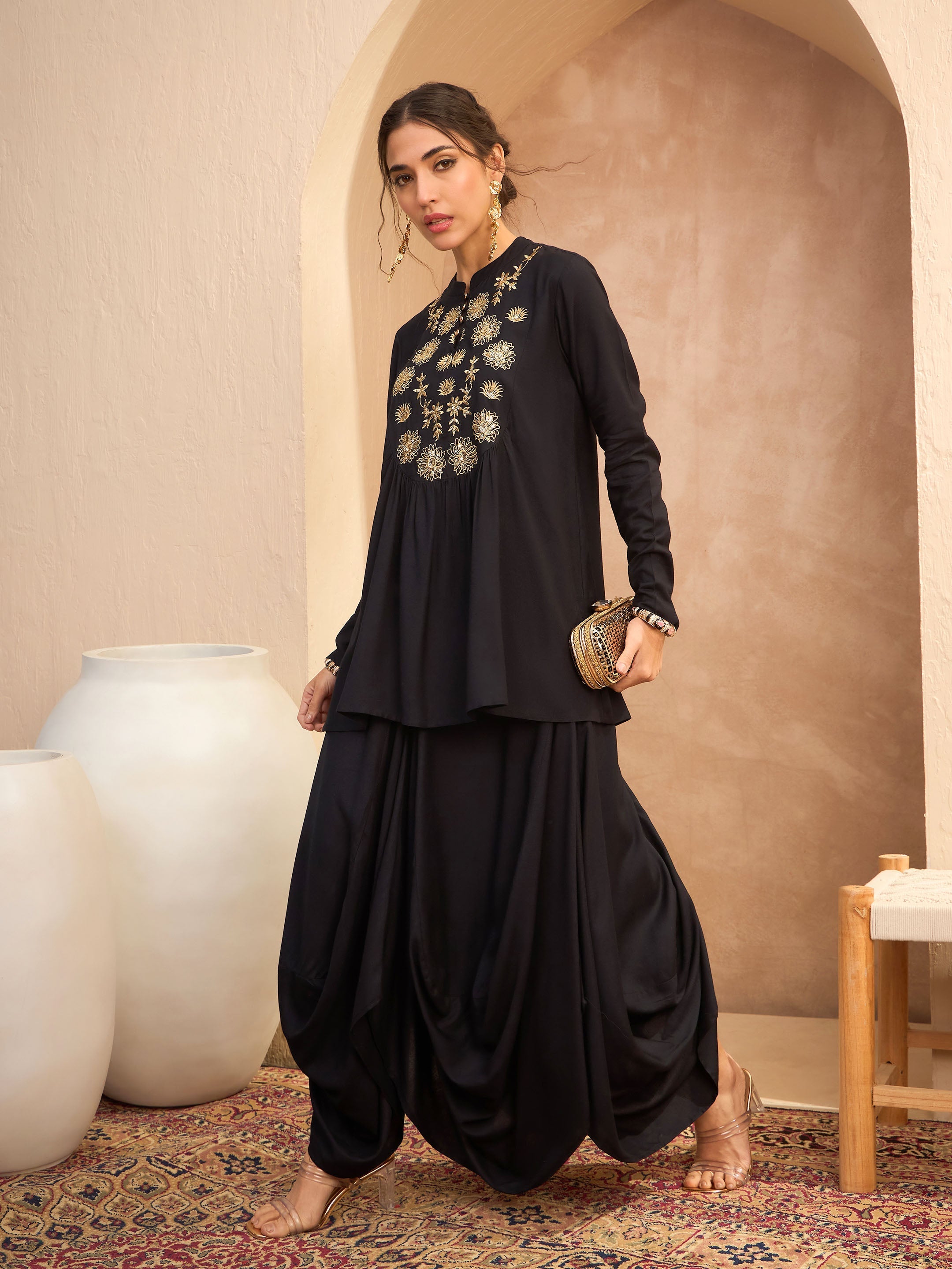 Women's Black Embroidered Peplum Top With Dhoti Skirt-SHAE