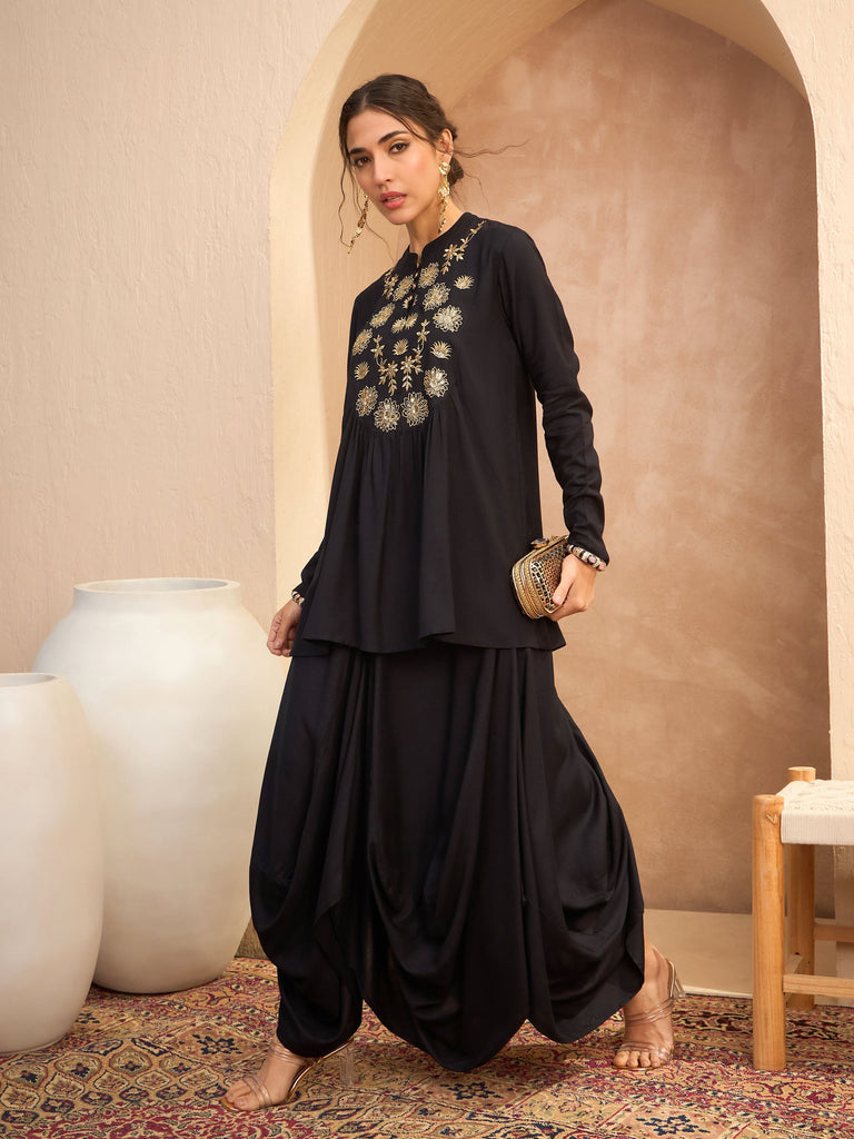 Women's Black Embroidered Peplum Top With Dhoti Ski
