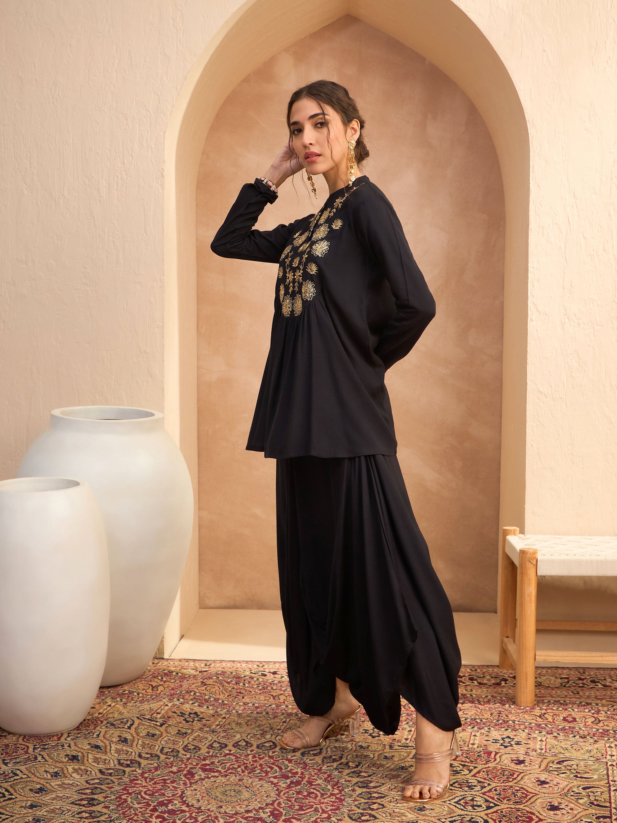 Women's Black Embroidered Peplum Top With Dhoti Skirt-SHAE