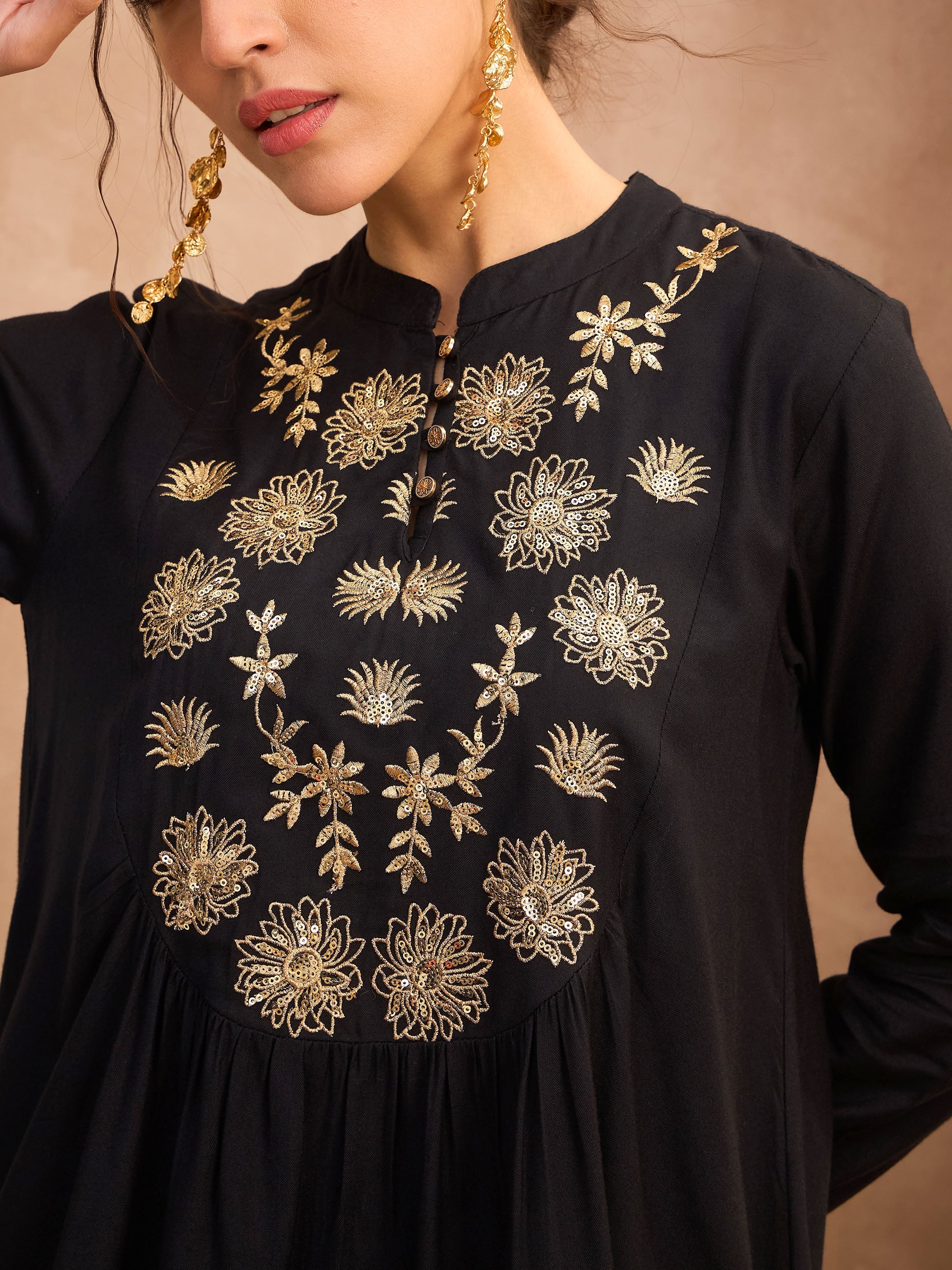 Women's Black Embroidered Peplum Top With Dhoti Skirt-SHAE