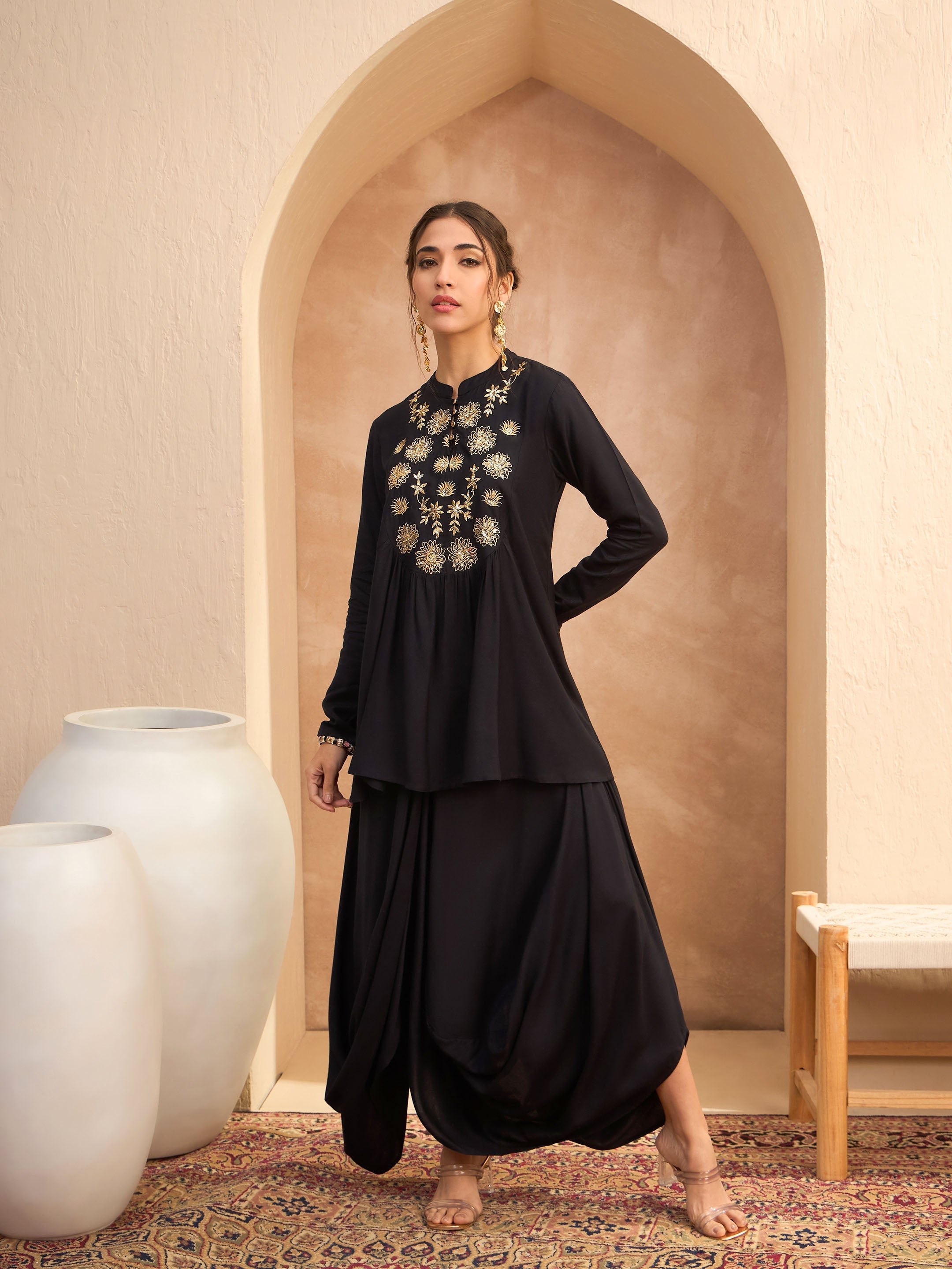 Women's Black Embroidered Peplum Top With Dhoti Skirt-SHAE