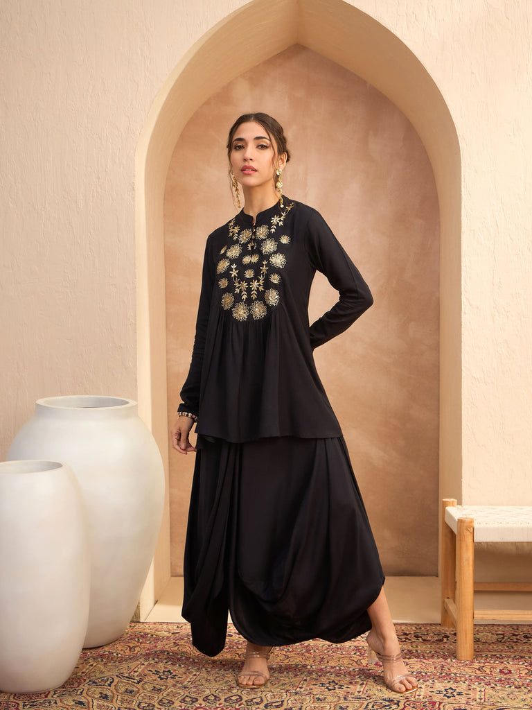 Women's Black Embroidered Peplum Top With Dhoti Ski