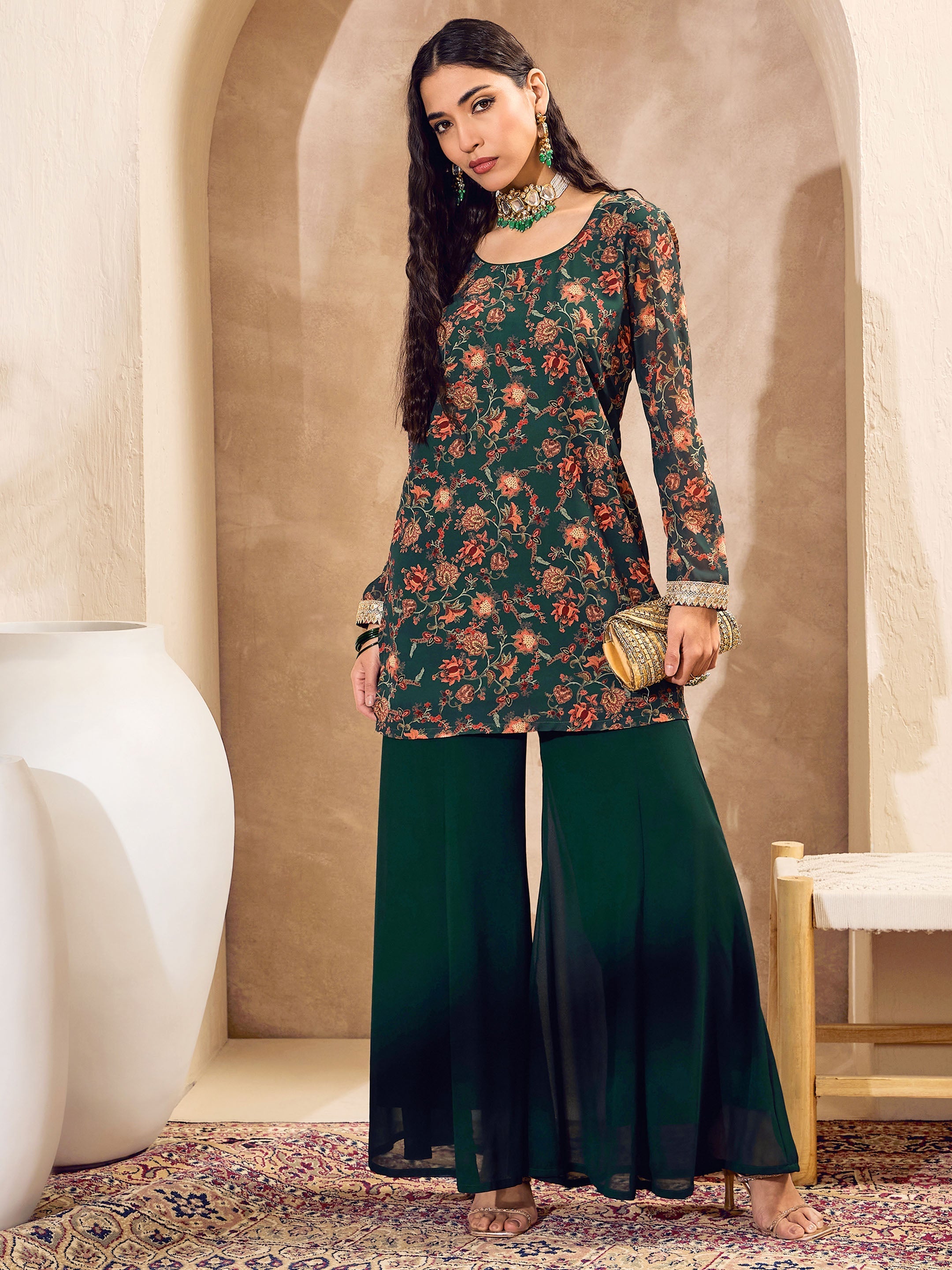 Women's Green Floral Short Kurta With Palazzos-SHAE