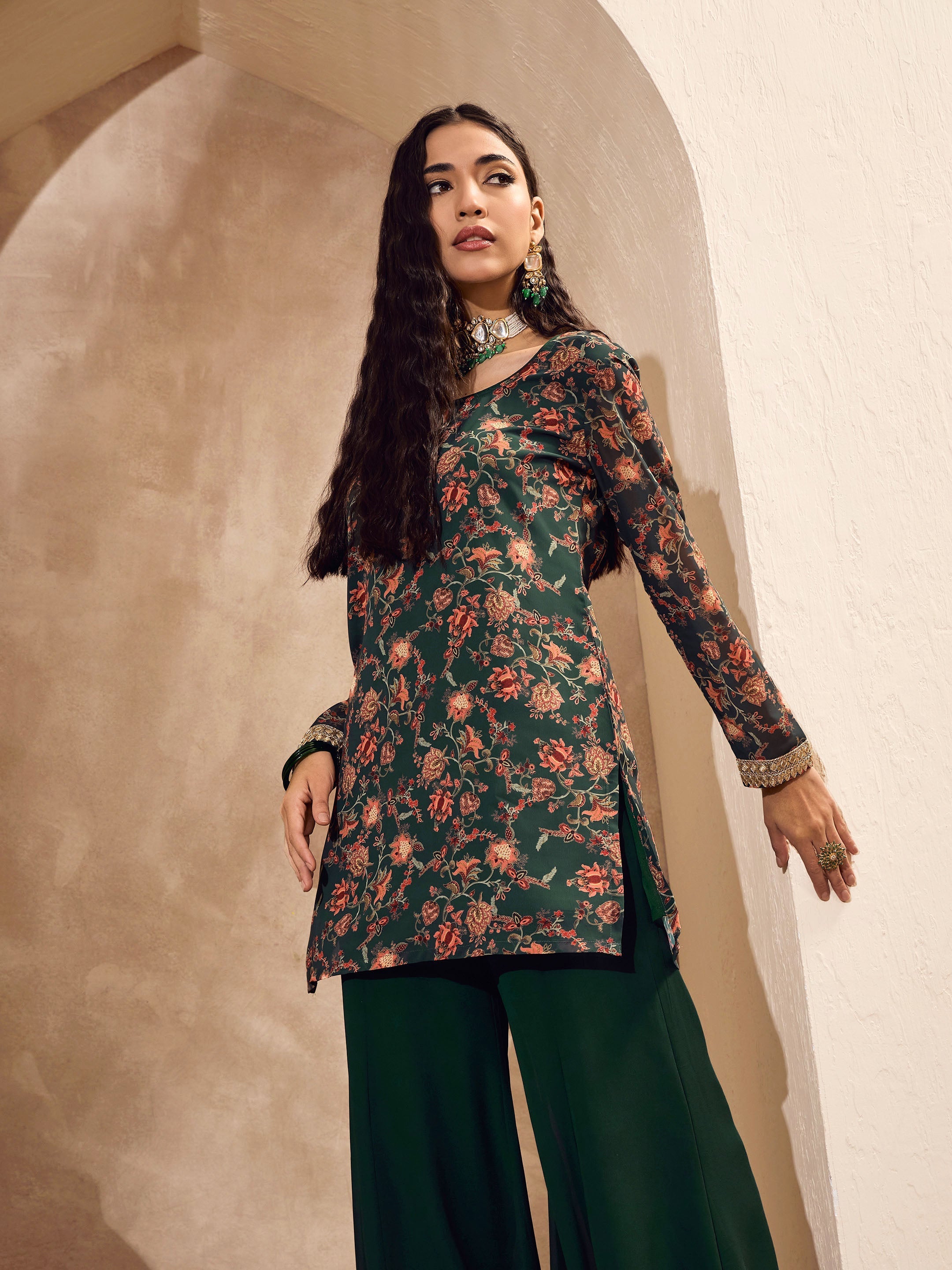 Women's Green Floral Short Kurta With Palazzos-SHAE