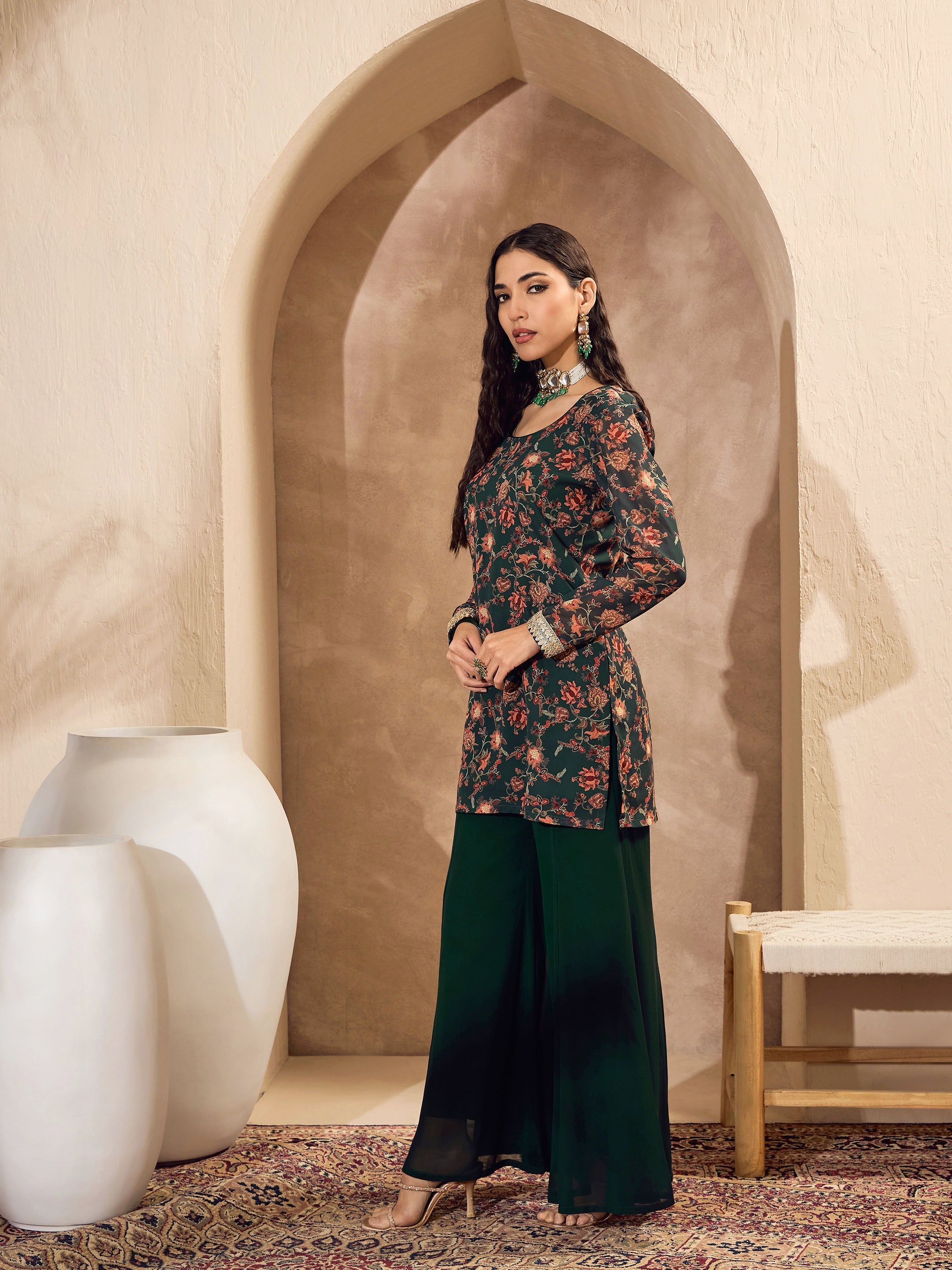 Women's Green Floral Short Kurta With Palazzos-SHAE