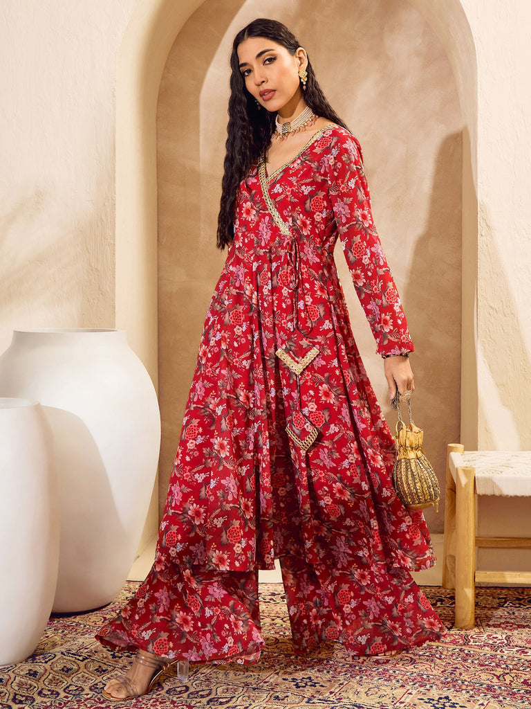 Women's Red Floral Wrap Anarkali Kurta With Palazz