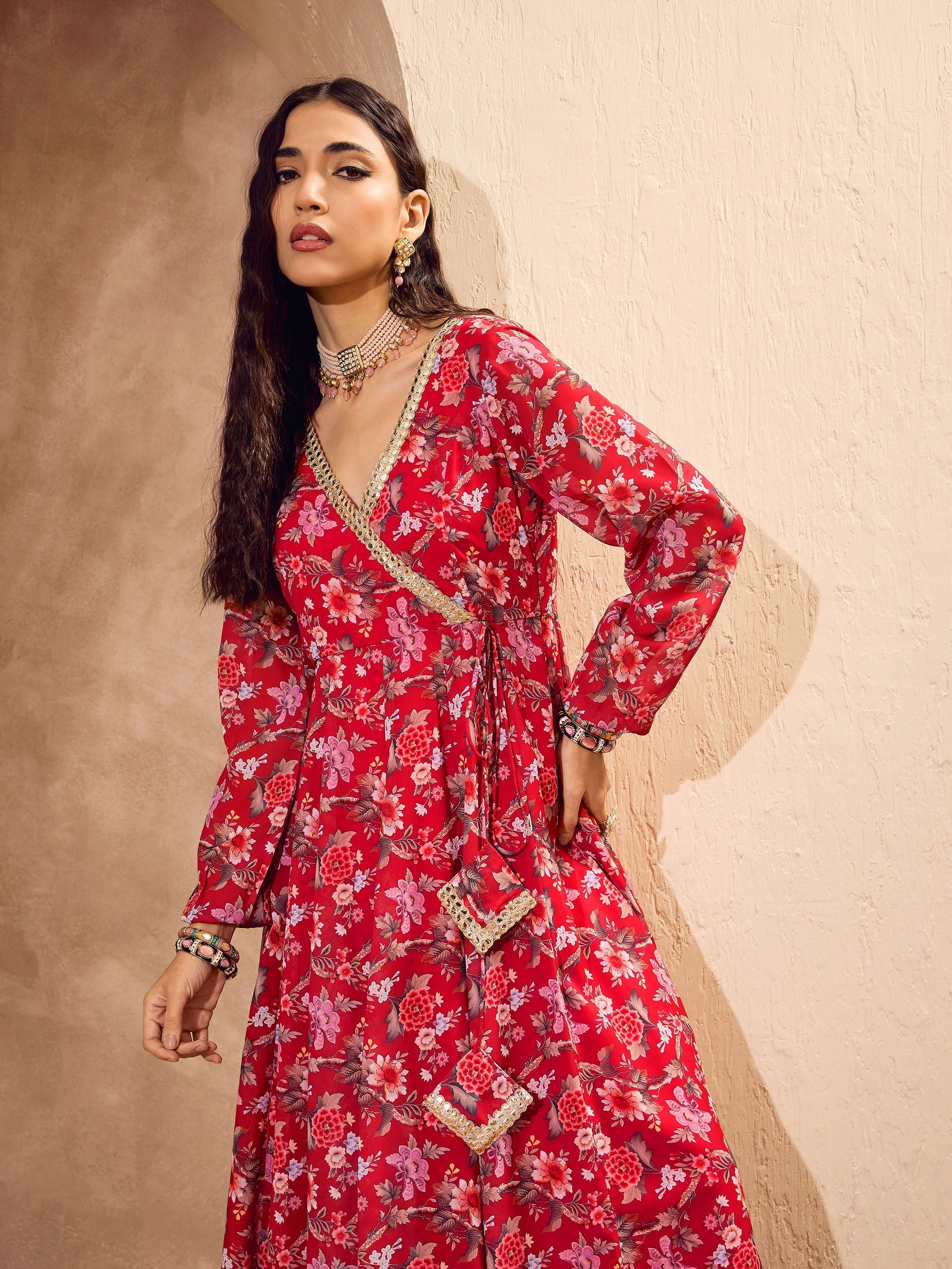 Women's Red Floral Wrap Anarkali Kurta With Palazz