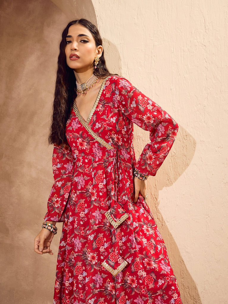 Women's Red Floral Wrap Anarkali Kurta With Palazz