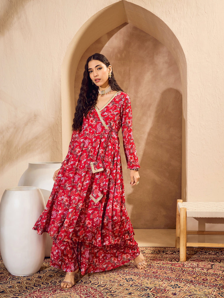 Women's Red Floral Wrap Anarkali Kurta With Palazz