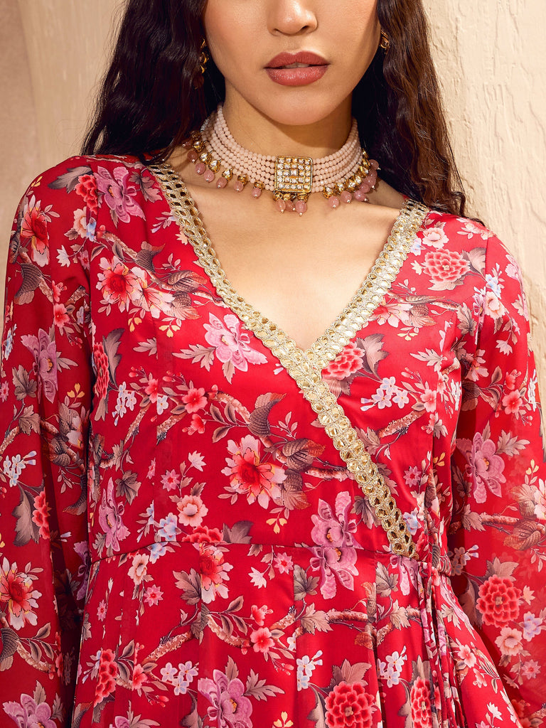Women's Red Floral Wrap Anarkali Kurta With Palazz