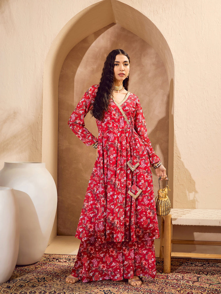 Women's Red Floral Wrap Anarkali Kurta With Palazz