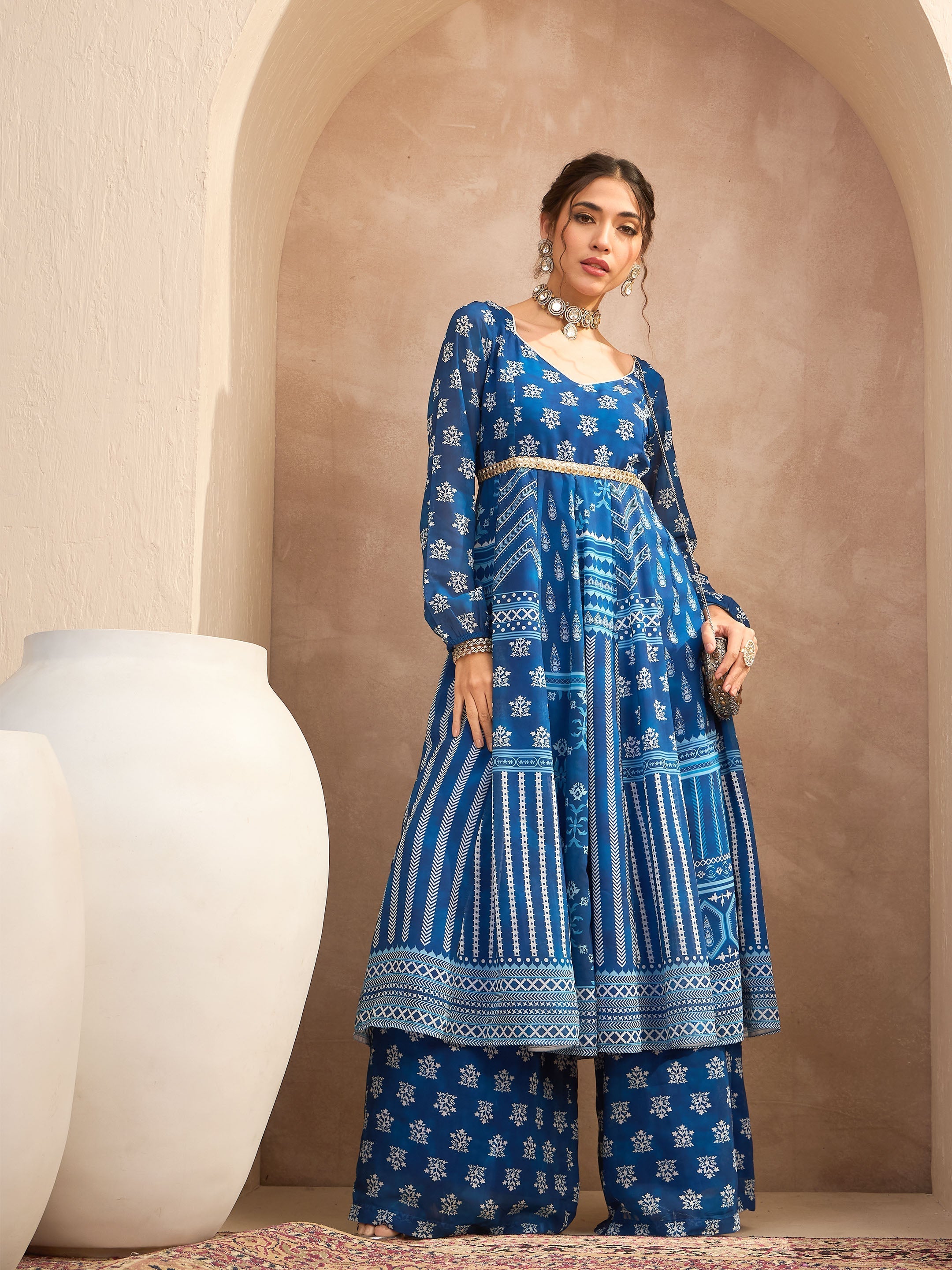 Women's Blue Floral Sweetheart Neck Anarkali Kurta With Palazzos-SHAE