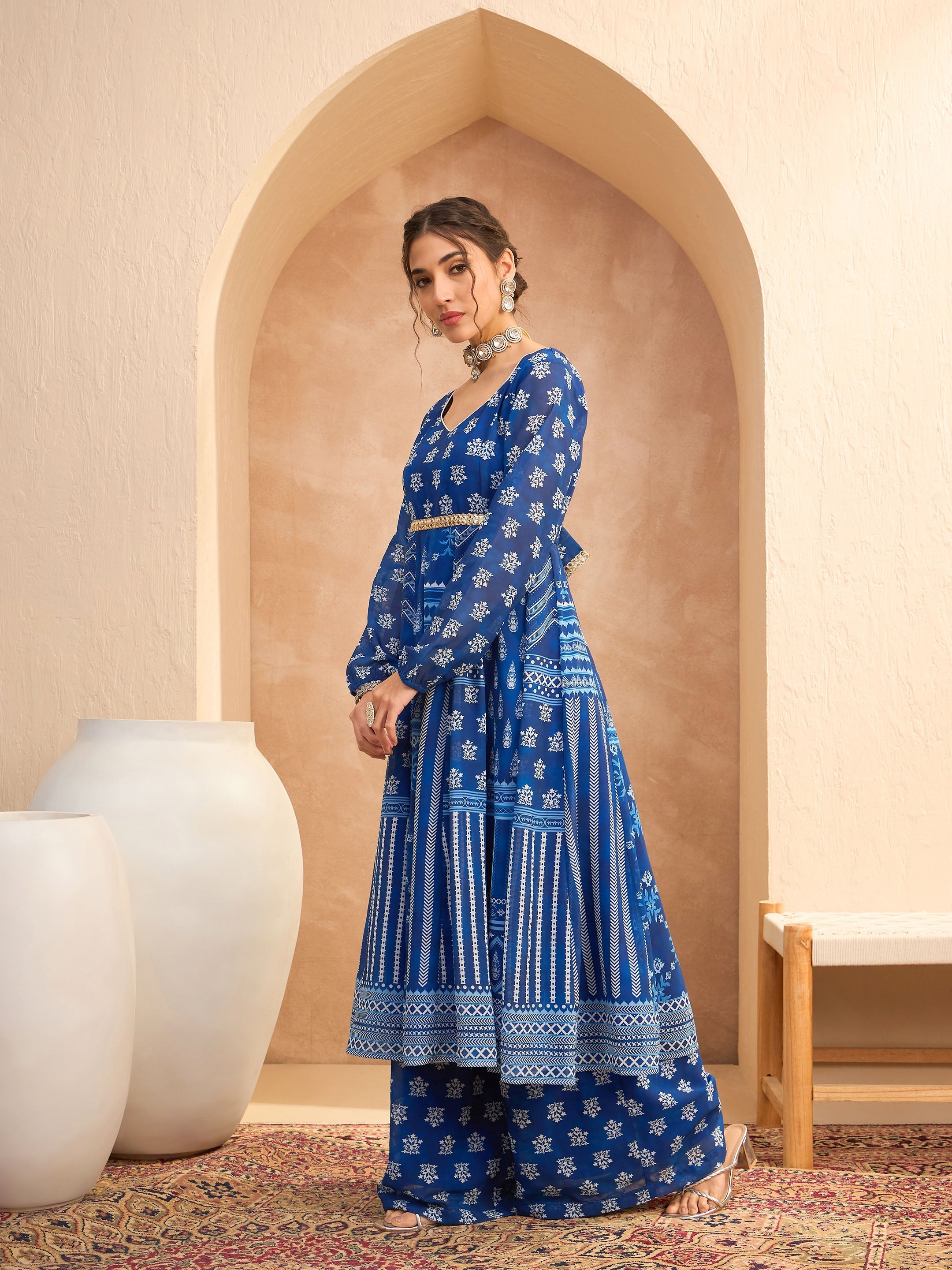 Women's Blue Floral Sweetheart Neck Anarkali Kurta With Palazzos-SHAE