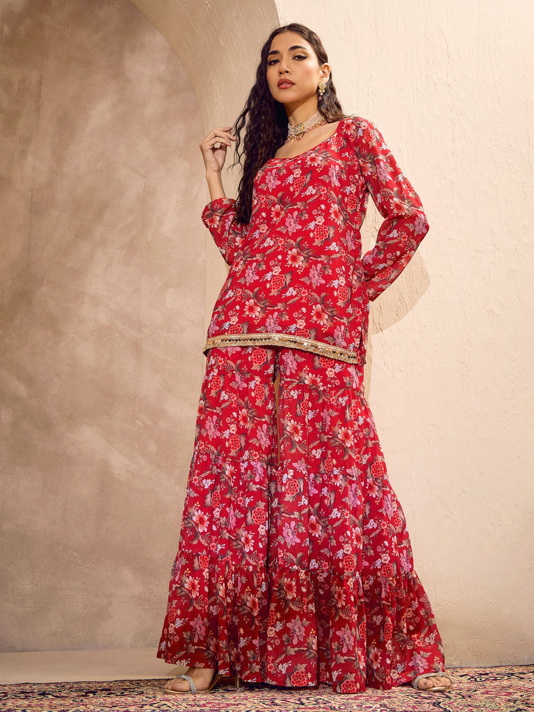Women's Red Floral Short Kurta With Tiered Shara