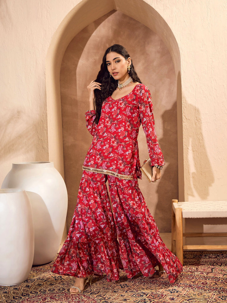 Women's Red Floral Short Kurta With Tiered Shara