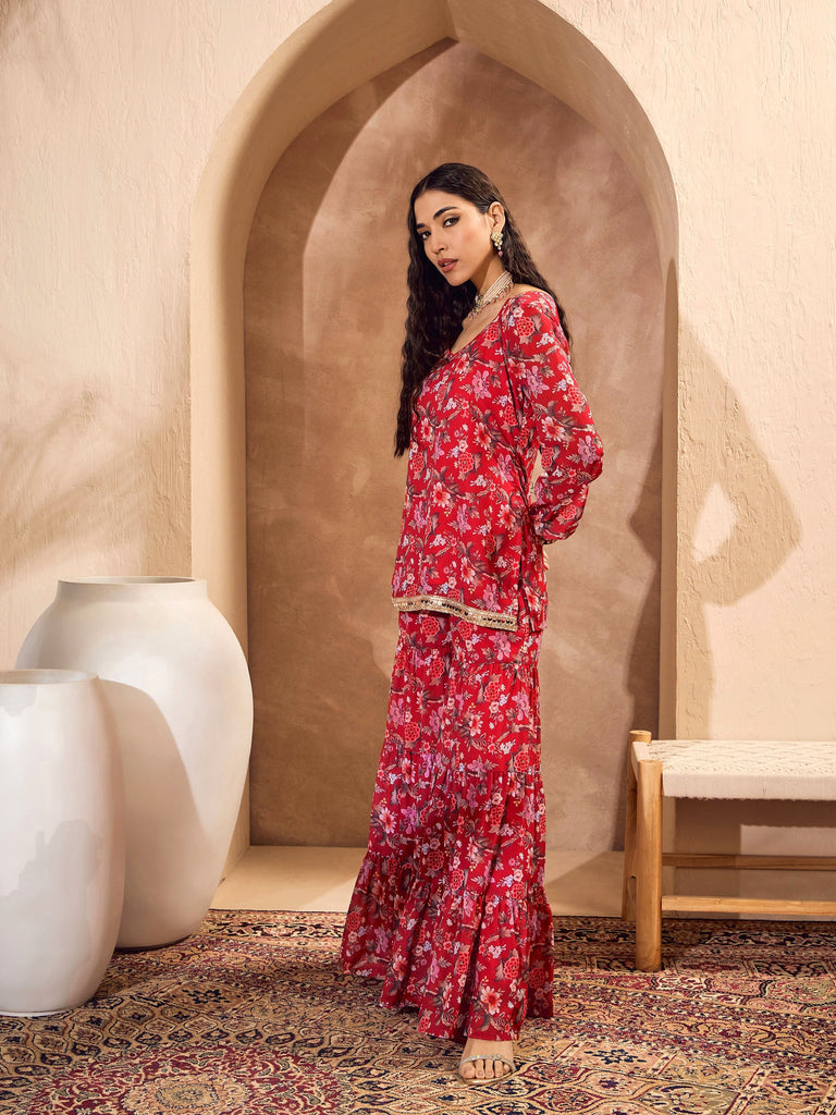 Women's Red Floral Short Kurta With Tiered Shara