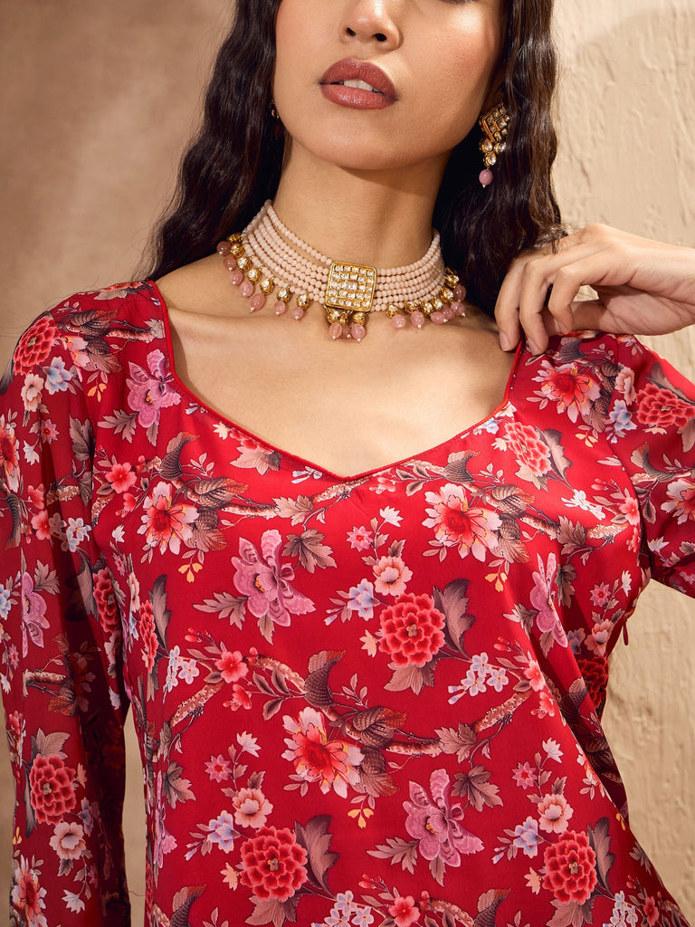 Women's Red Floral Short Kurta With Tiered Shara