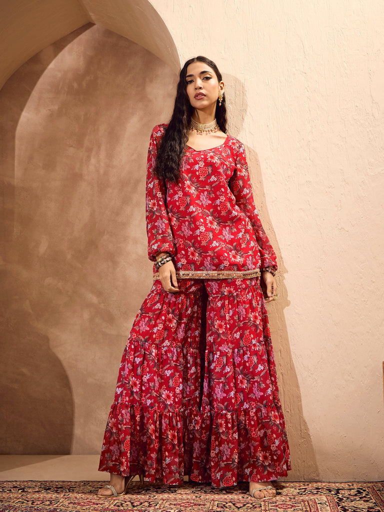 Women's Red Floral Short Kurta With Tiered Shara