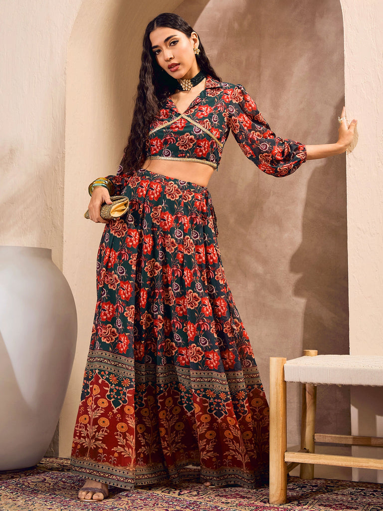 Women's Green Floral Collar Crop Top With Anarkali Ski