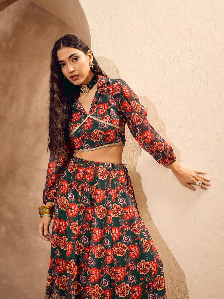 Women's Green Floral Collar Crop Top With Anarkali Ski