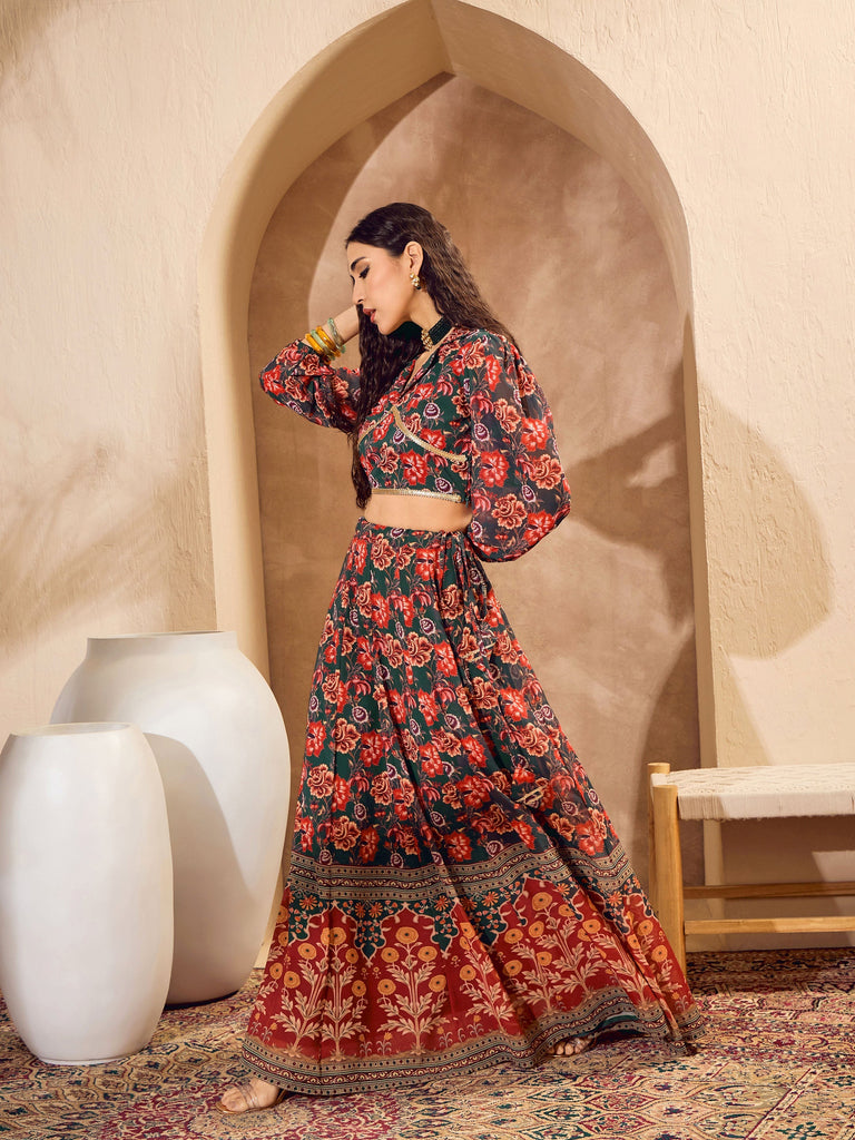 Women's Green Floral Collar Crop Top With Anarkali Ski