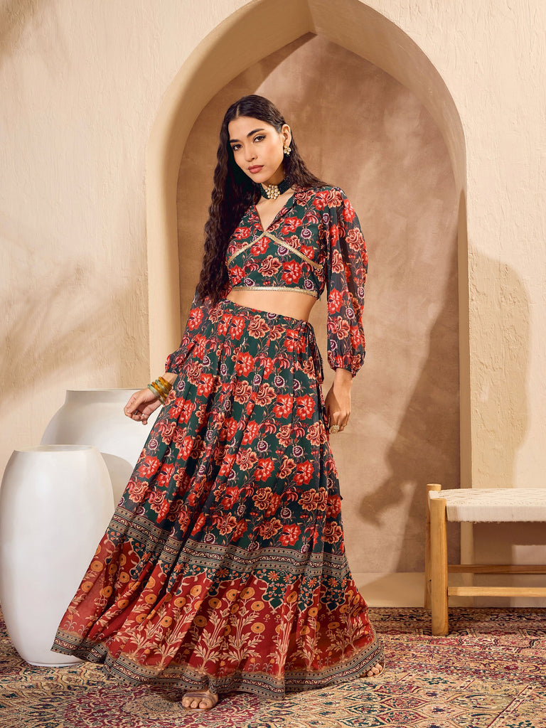 Women's Green Floral Collar Crop Top With Anarkali Ski