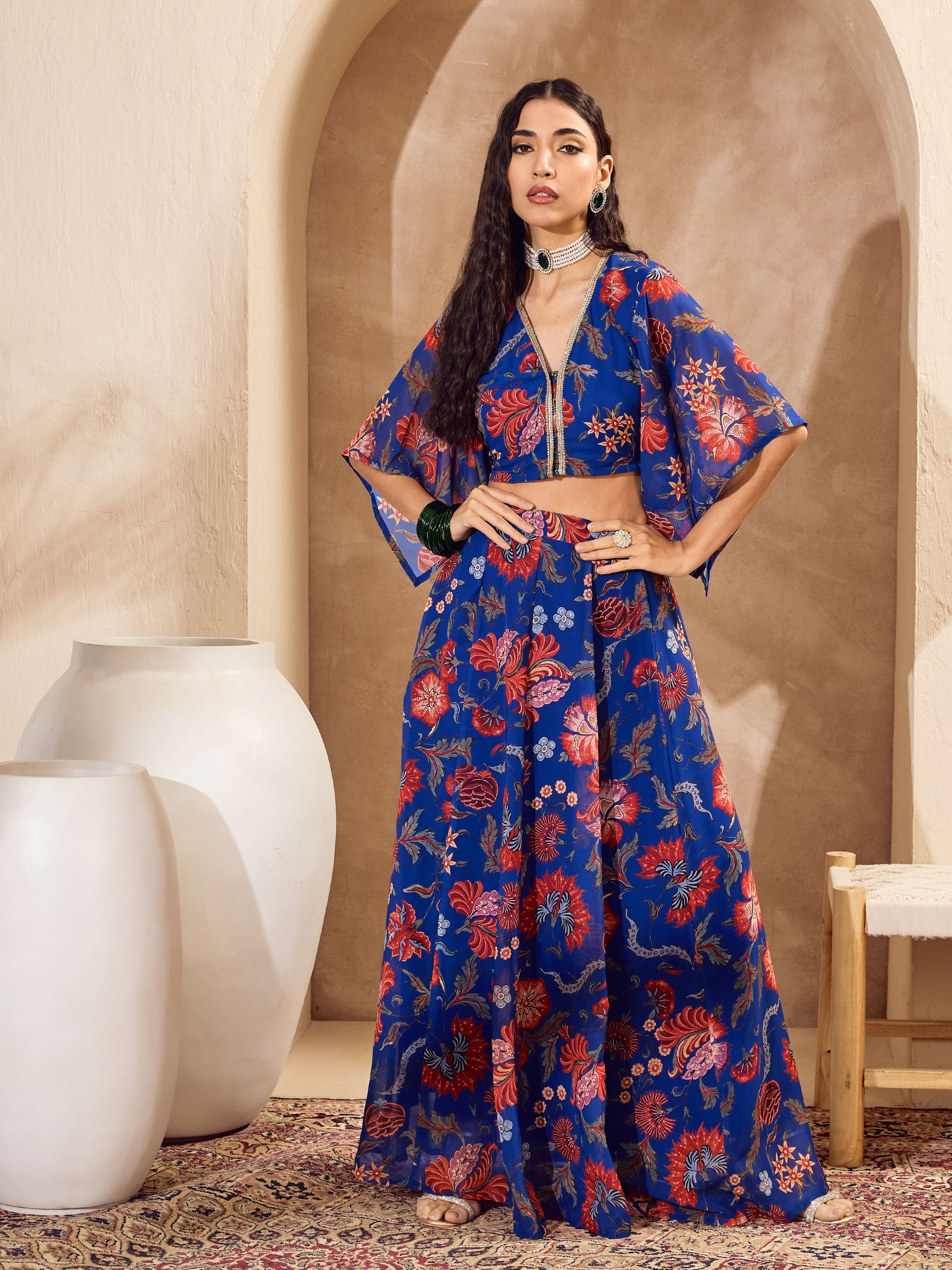 Women's Blue Floral V Neck Crop Top With Anarkali Skirt-SHAE