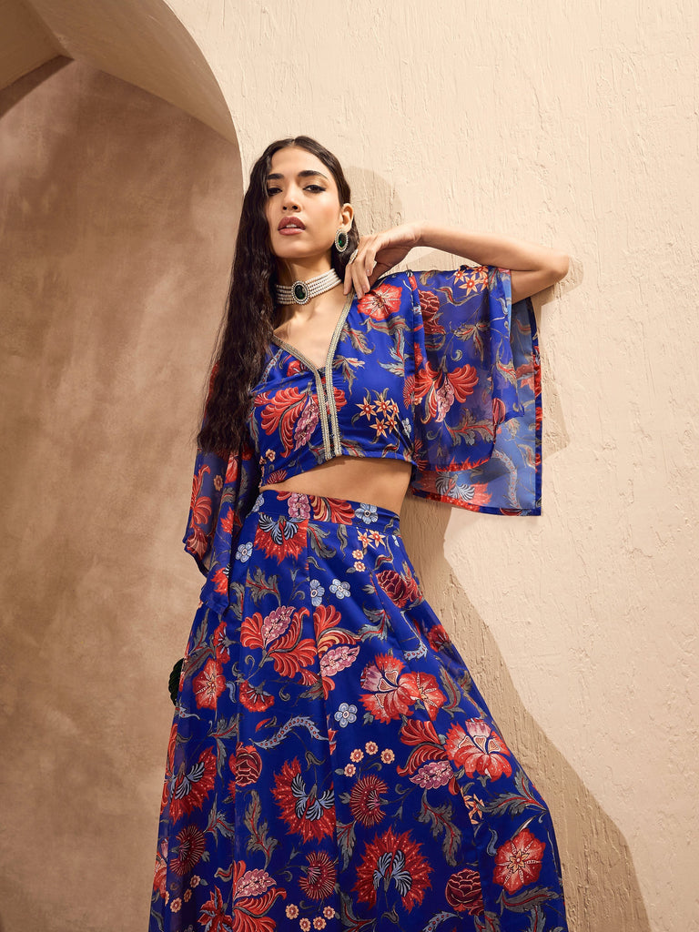 Women's Blue Floral V Neck Crop Top With Anarkali Ski