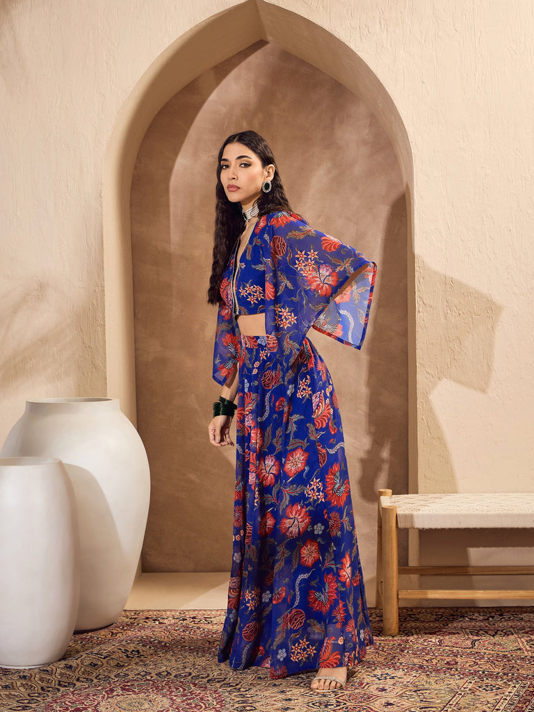Women's Blue Floral V Neck Crop Top With Anarkali Ski