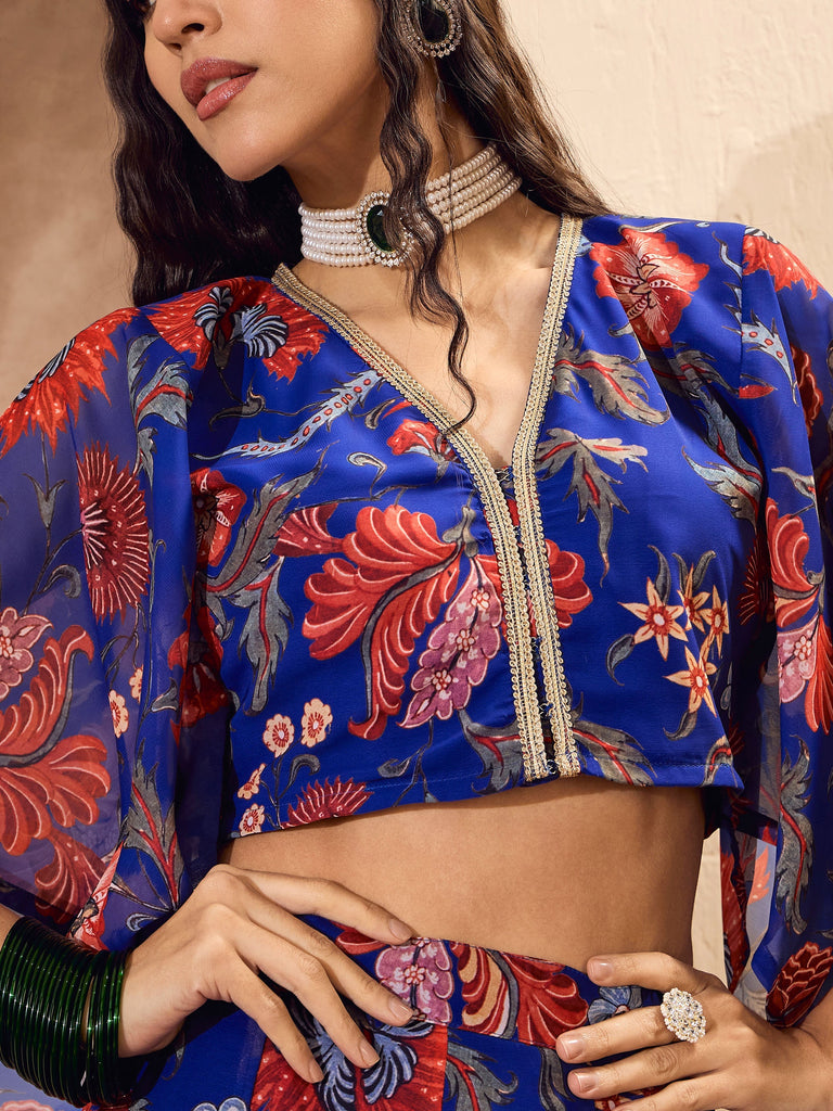 Women's Blue Floral V Neck Crop Top With Anarkali Ski