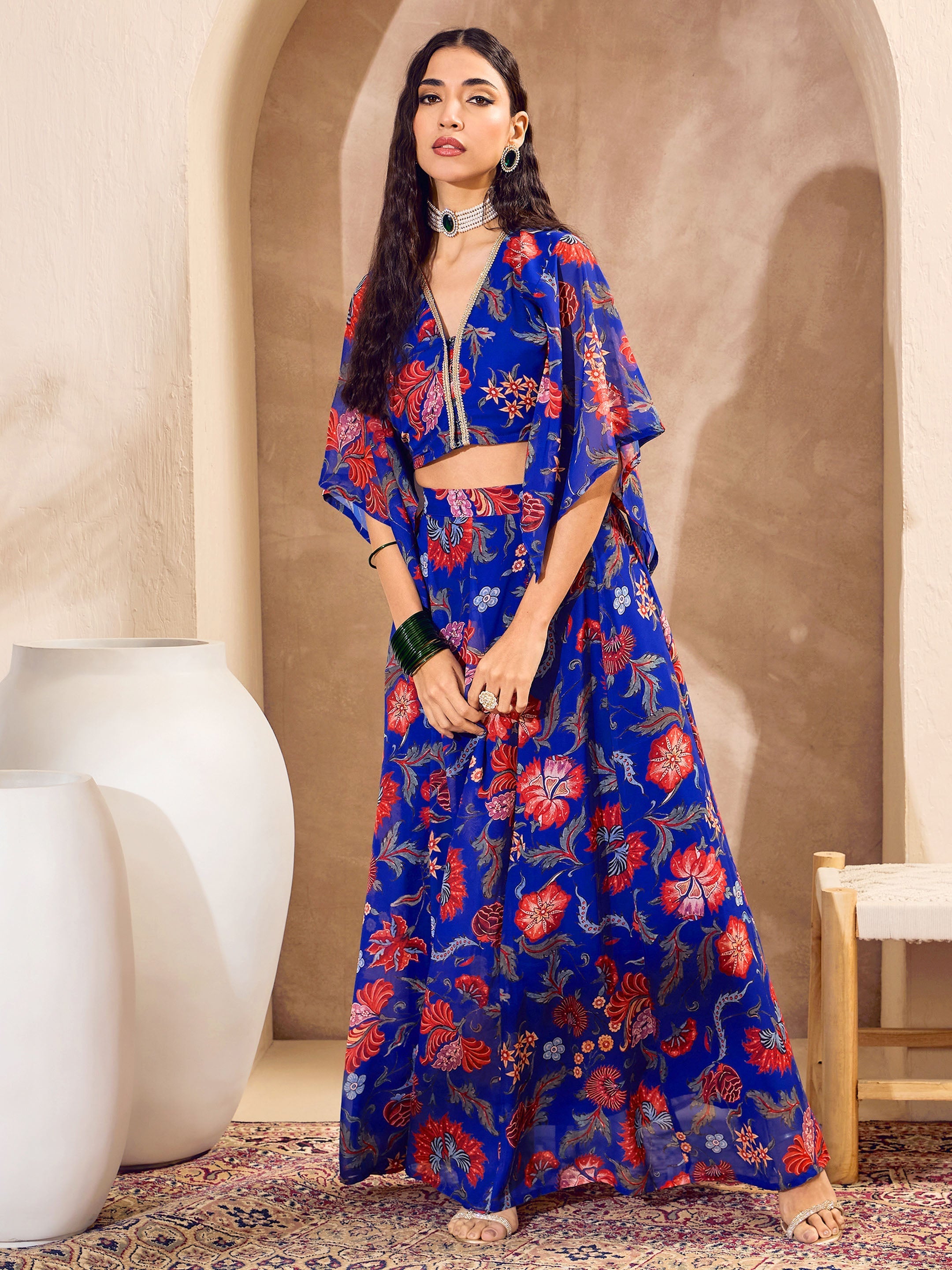 Women's Blue Floral V Neck Crop Top With Anarkali Skirt-SHAE