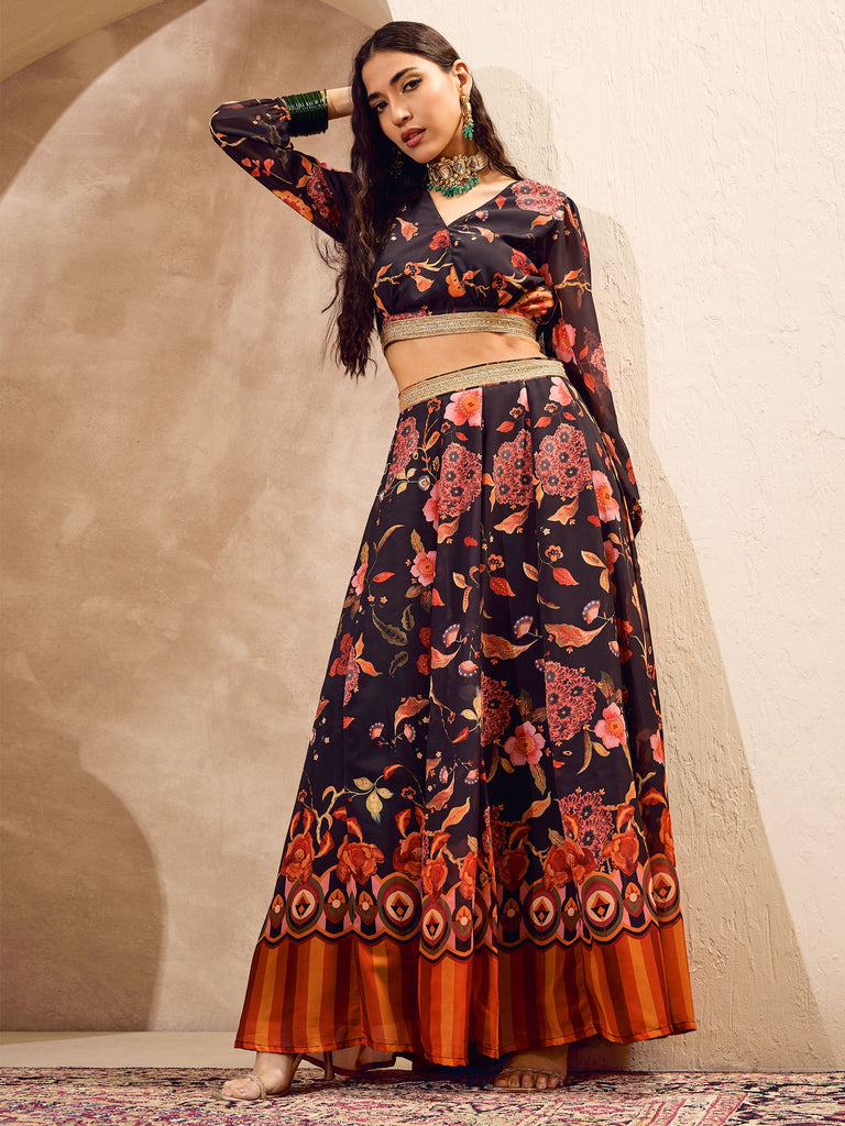 Women's Black Floral Wrap Crop Top With Anarkali Ski