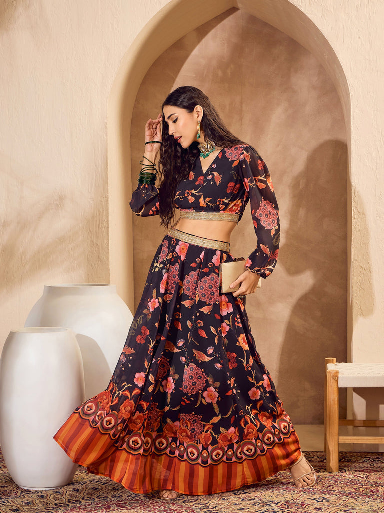 Women's Black Floral Wrap Crop Top With Anarkali Ski