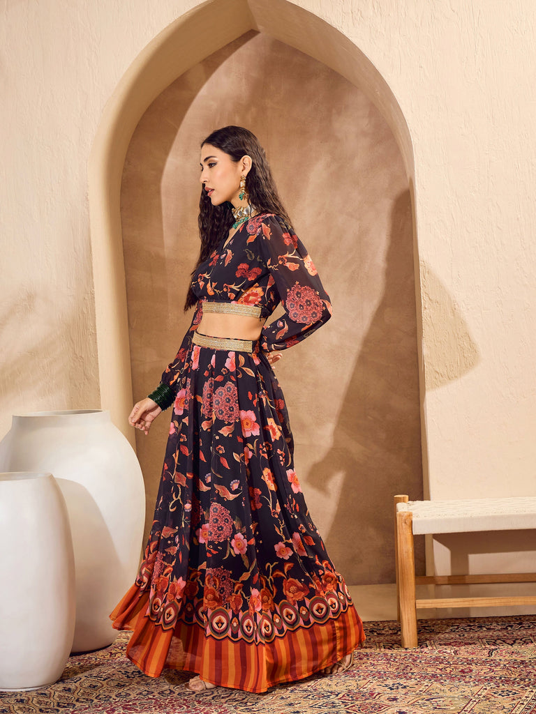 Women's Black Floral Wrap Crop Top With Anarkali Ski